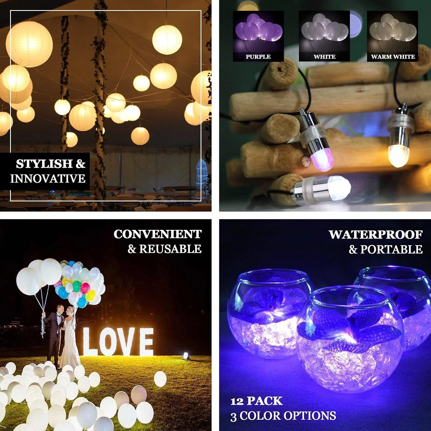 Non-Blinking Water Proof LED Mini Light Light up Paper Lanterns,Balloons,or Vase for Birthday Party or Wedding Decoration (Warm White, Pack of 24)