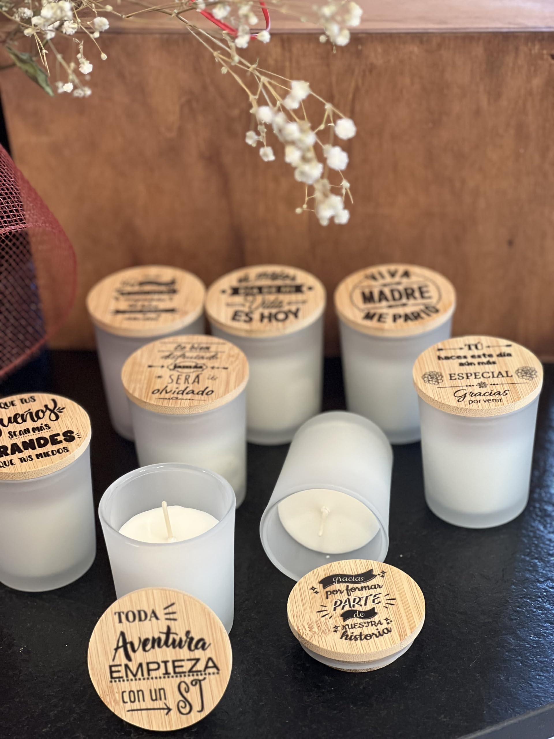 Uvimark - Detalles de boda, comunión, bautizo - Set de 10 velas aromáticas con mensaje - Velas estampadas con tapa de madera - Regalos Originales