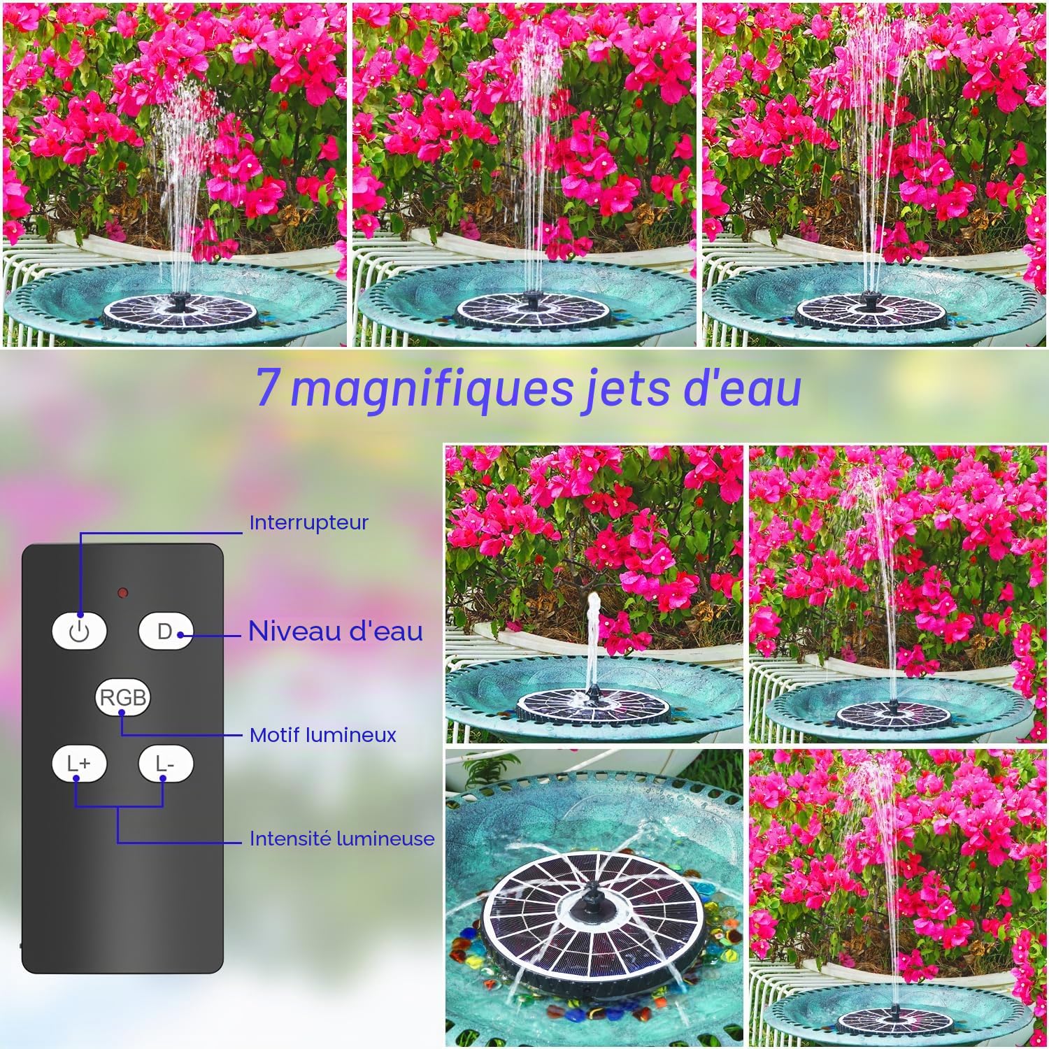 SZMP Fontaine Solaire avec Télécommande, Fontaine Solaire Verre avec 4000mAh Batterie, 7 Buses & 4 Tiges Fixes de Jardin Solaire Pompe pour Bain d'oiseaux, Jardin
