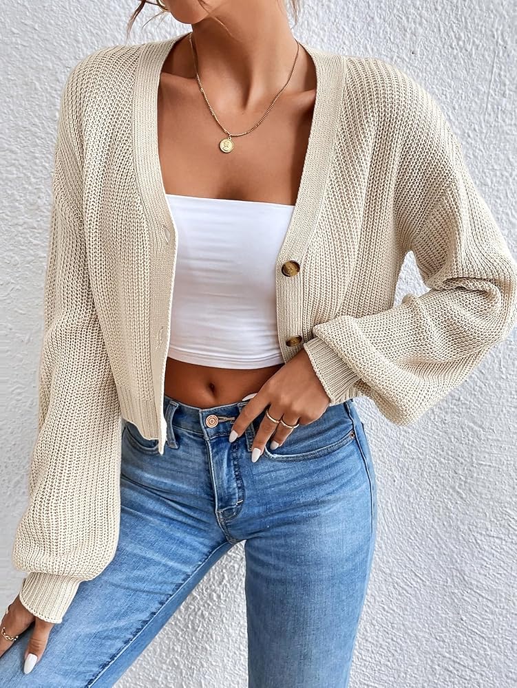 Women's Casual Cardigan Sweaters Solid Drop Shoulder Button