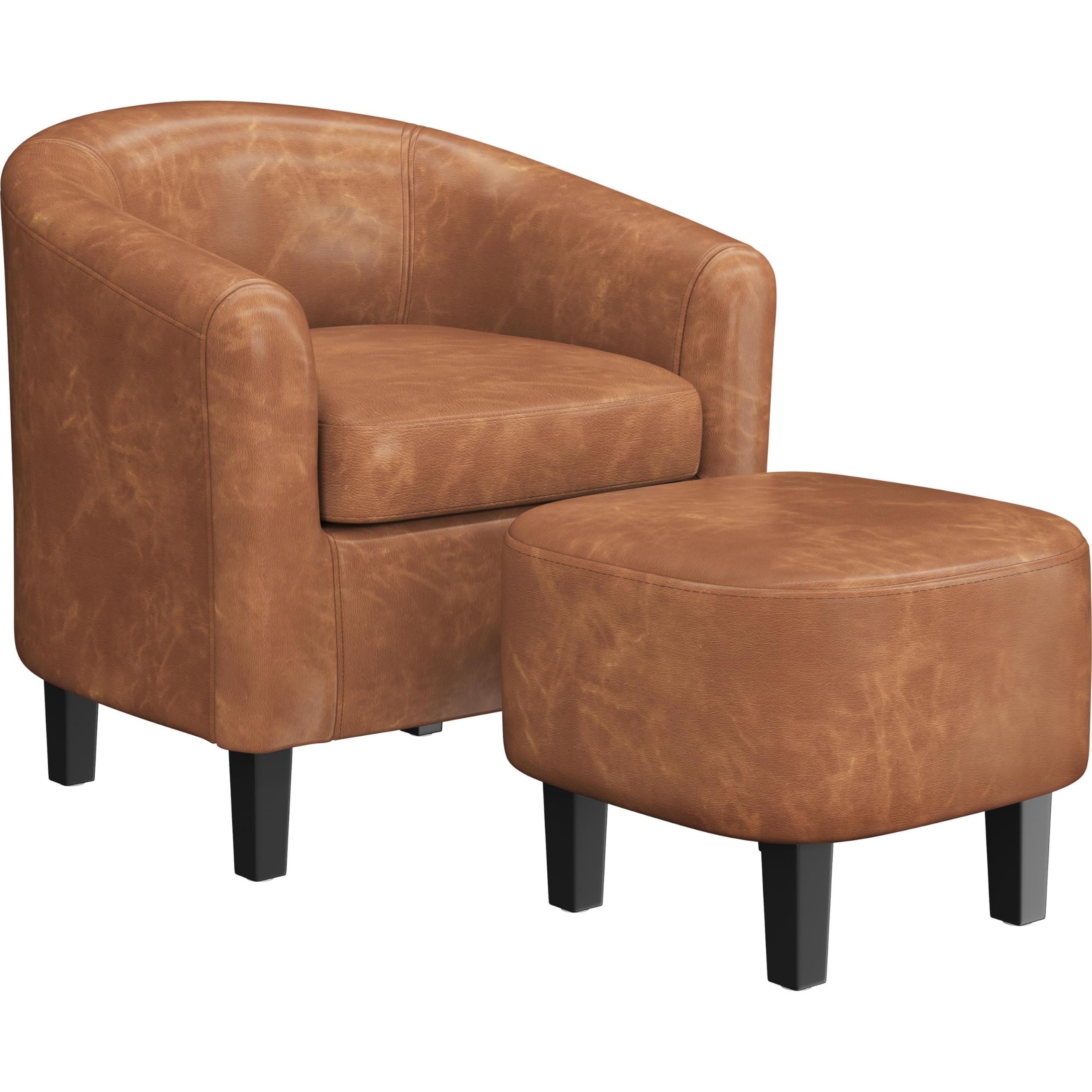 Topeakmart Accent Chair with Ottoman, Mid Century Modern Barrel Faux Leather Chair with Footrest Comfy Armchair and Ottoman Set, Upholstered Club Tub Chair for Living Room Bedroom Reading Room, Brown