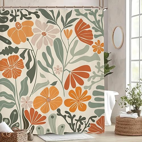 Miniatura 7 de Miyotaa Juego de cortina de ducha retro verde salvia naranja de 60 pulgadas de ancho x 71 pulgadas de alto, Matisse Groovy 70s Funky Trendy estética