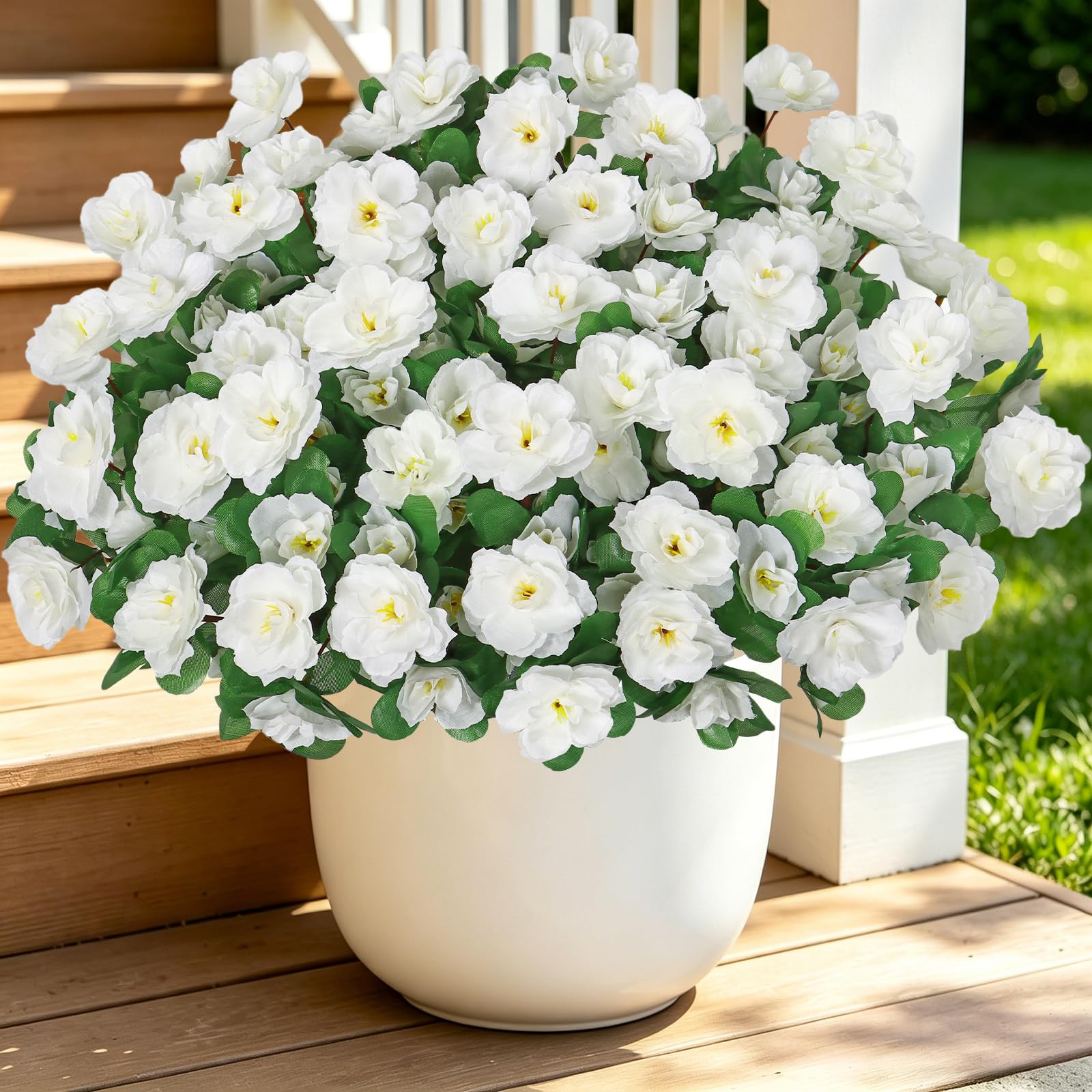 Weldomcor 8 Bundles Artificial Azalea Flowers for Outdoor, UV Resistant Fake Silk Flower Faux Bush Plants for Home Centerpieces Wedding Party Garden Patio (White)