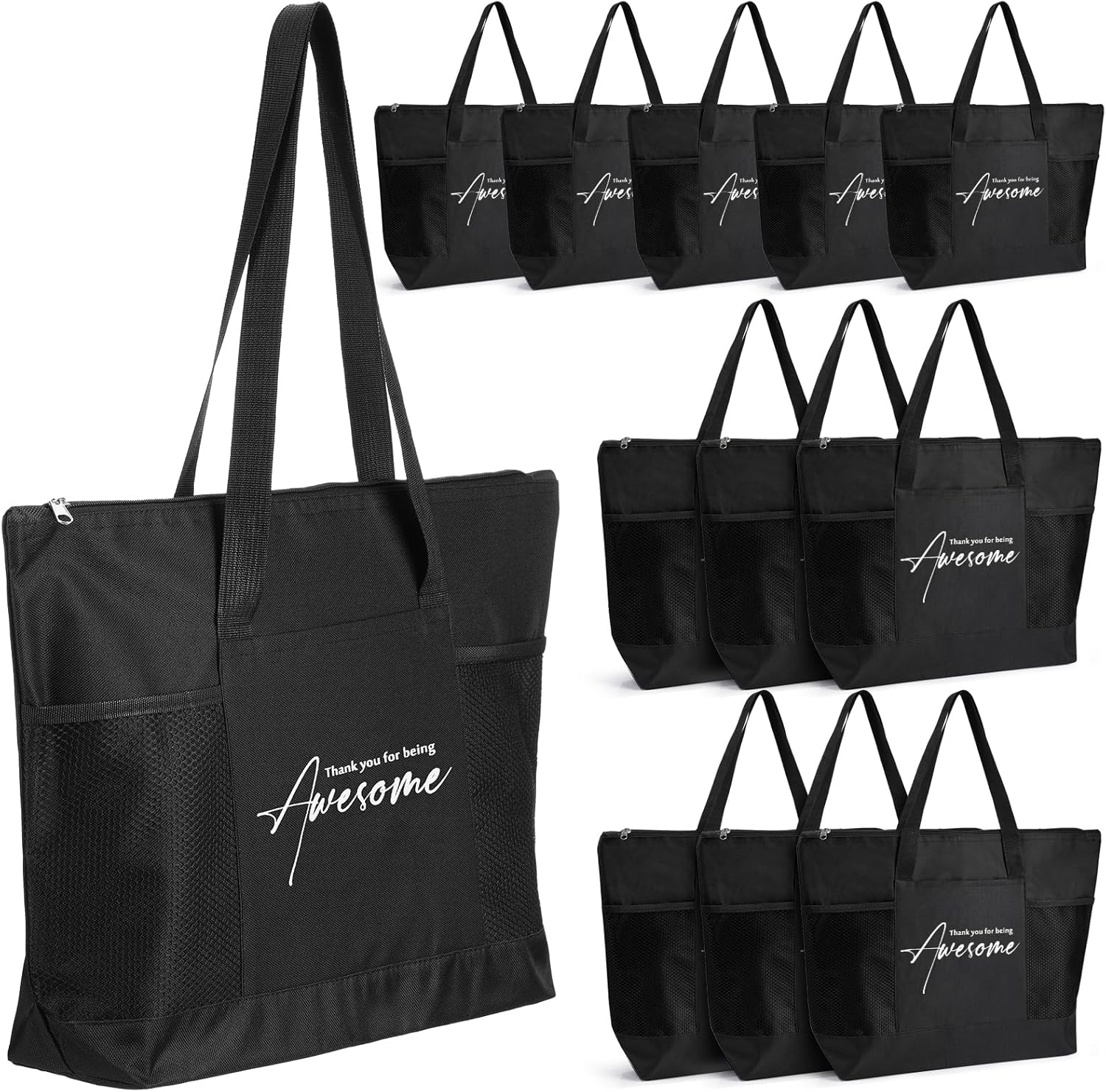 Paterr 12 Pcs Employee Appreciation Gifts Bulk Thank You Zipper Tote Bag with Mesh Pocket for Staff Coworker Team Teacher (Black)