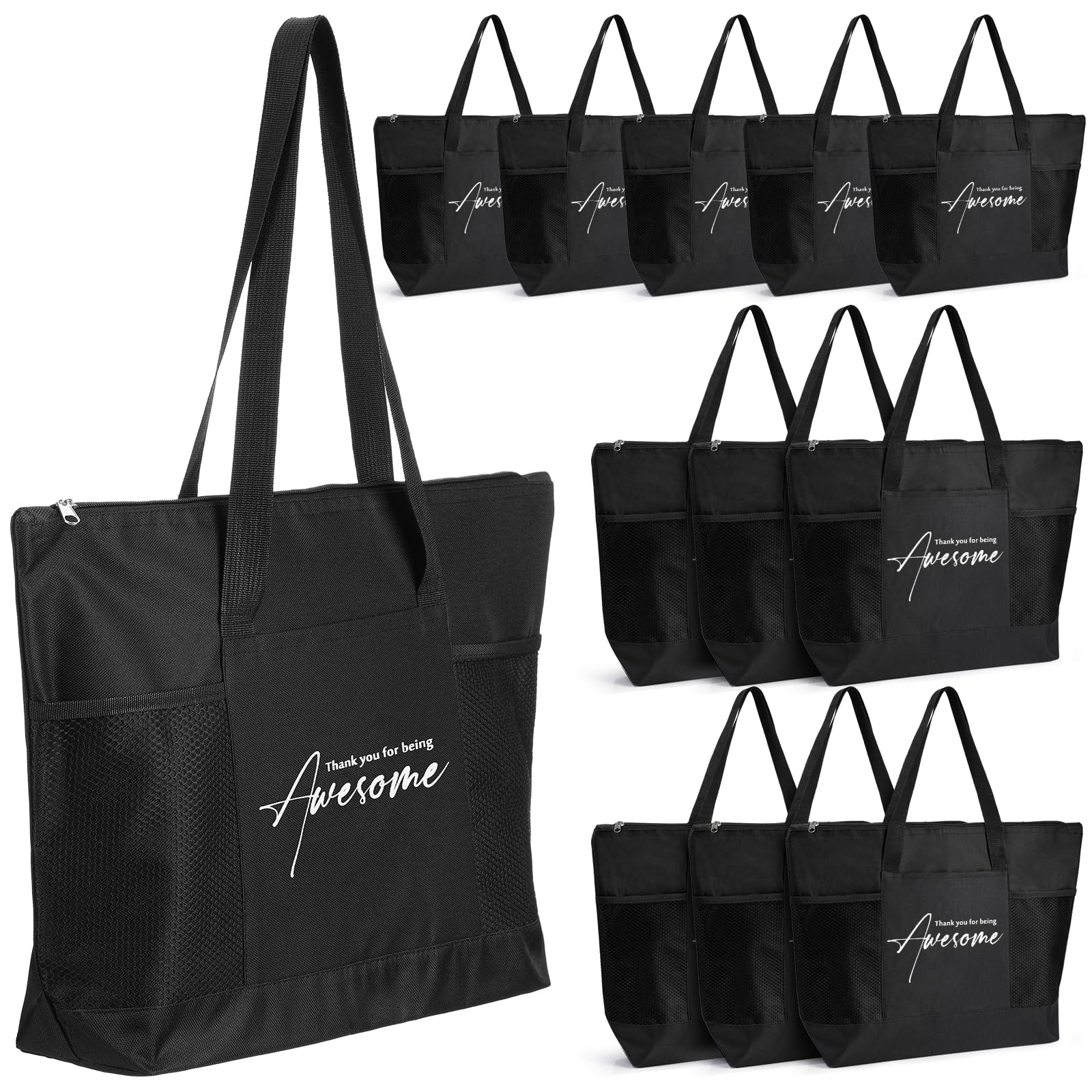 Paterr 12 Pcs School Counselor Gifts Bulk Thank You Zipper Tote Bag with Mesh Pocket for Staff Teacher Coworker Team (Black)