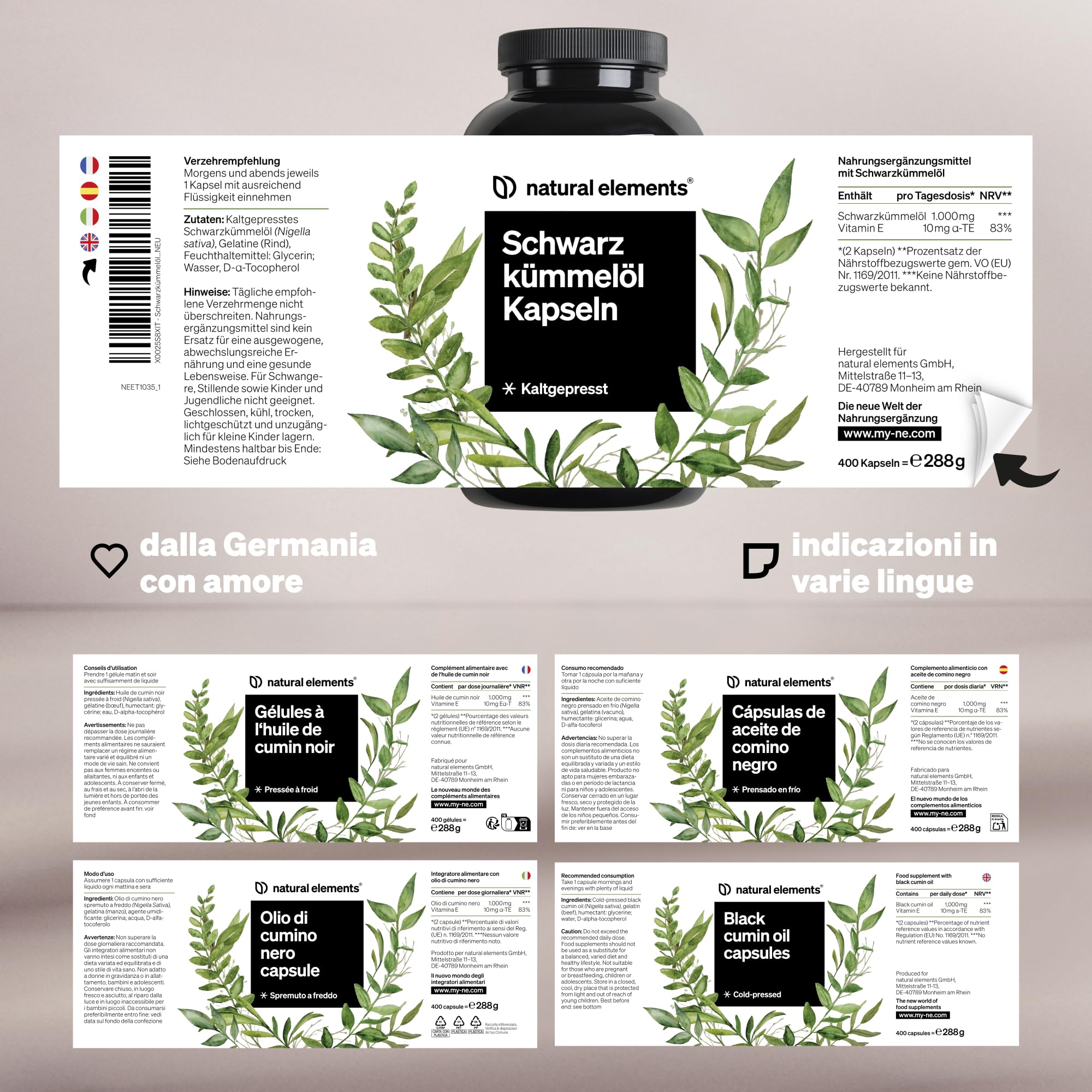 Olio di semi di cumino nero spremuto a freddo (Nigella sativa originale) - 400 capsule in una fornitura di 6 mesi - 1000 mg di olio di semi di cumino nero egiziano/dose giornaliera - naturale