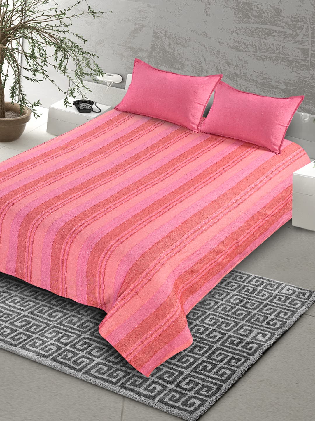 Saral Home Soft Cotton Striped Breathable & Wrinkle Free Bedsheet for Double Bed- 1 King Size Bedsheet with 2 Pillow Covers (Pink,100"X108")-picture-25