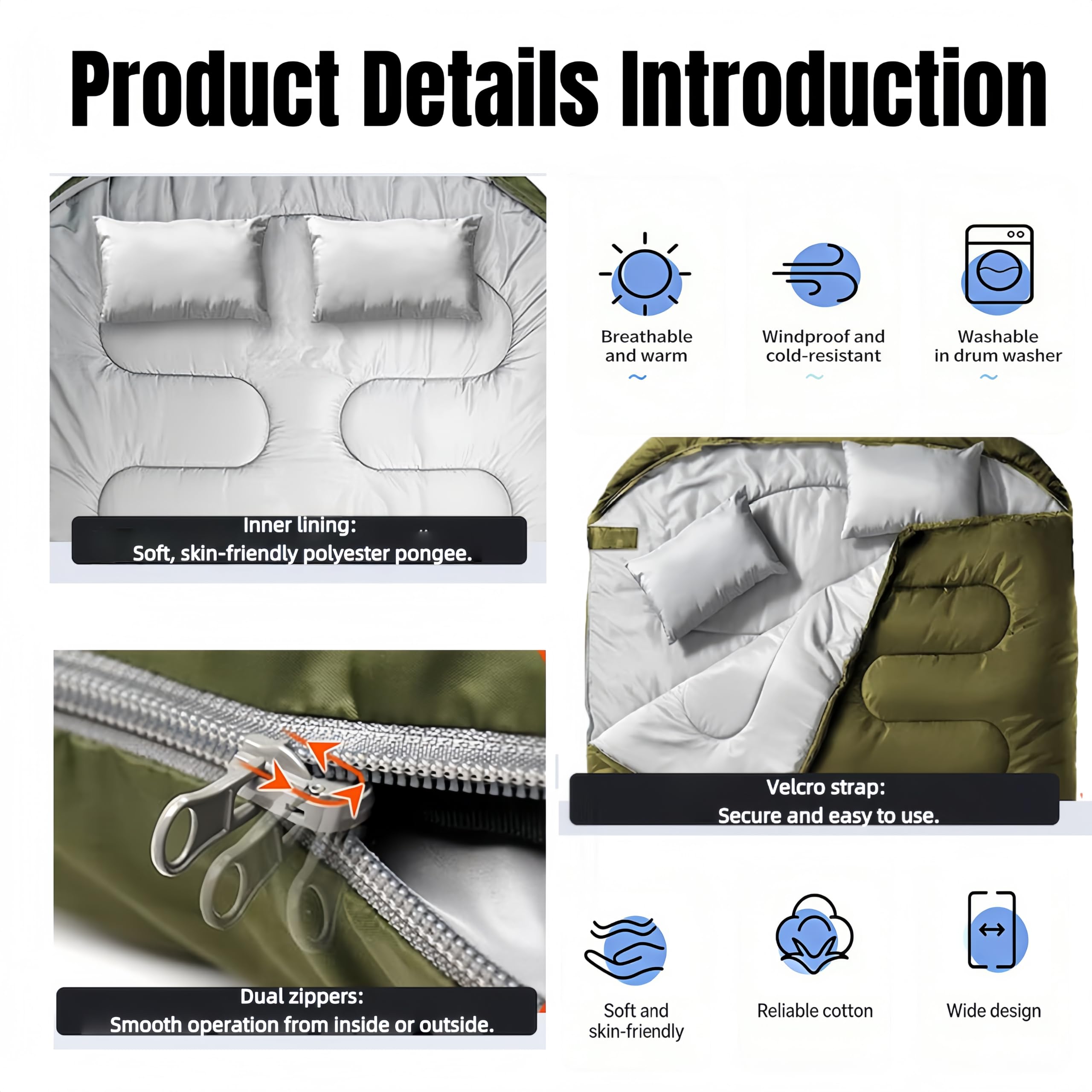 Gigoteuse double 2P 220 x 150 cm, sac de couchage 3 en 1 divisible en 2 sacs individuels, sac de couchage de camping imperméable avec oreiller, lavable, léger, sac de couchage extérieur, randonnée