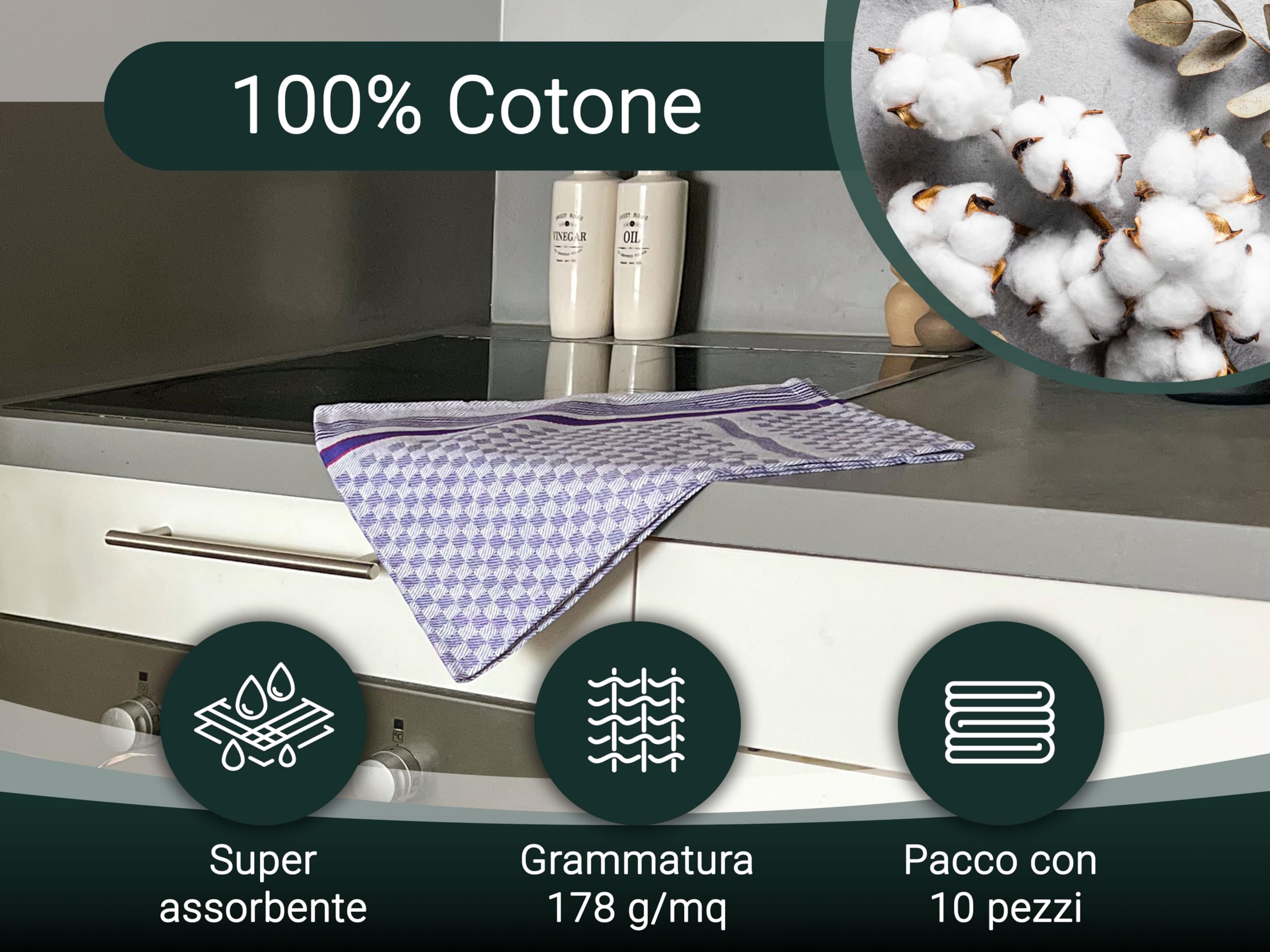ZOLLNER Set di 10 Strofinacci, 45x90 cm, Cotone, a Quadri Bianchi e Blu