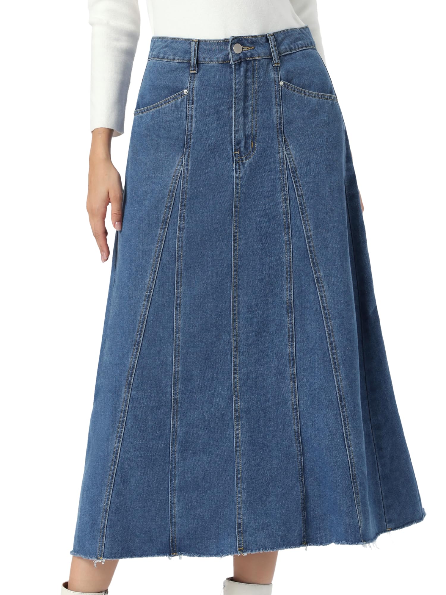 Allegra K Femme Jupe Longue en Jean Taille Haute Trapèze Coutures Été | Coupe Évasée Ourlet Effiloché Poches Patch Automne 2026 Usage Quotidien Décontracté