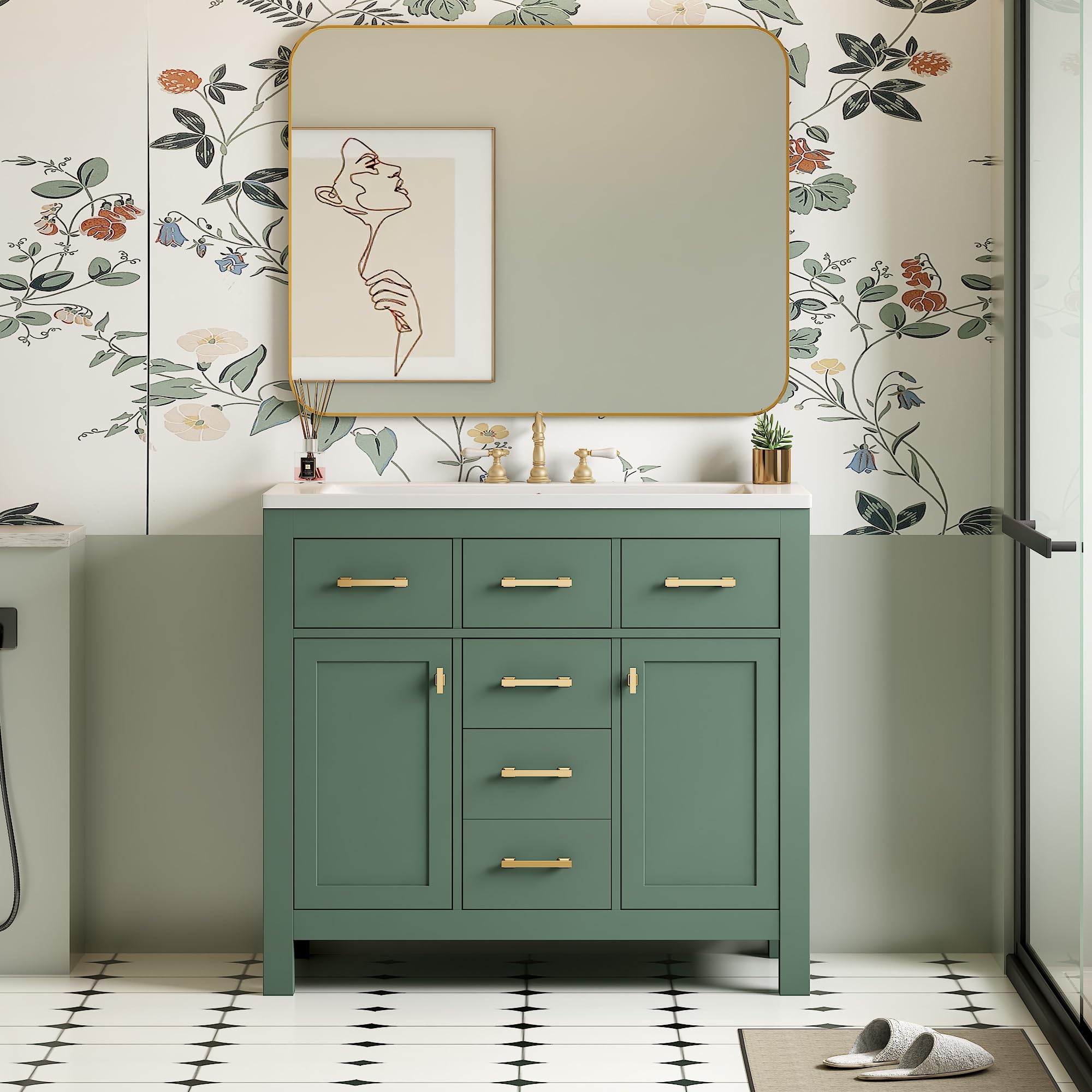Favfurish 36" Bathroom Vanity with Ceramic Sink,Undermount Single Basin Bath Vanity Set w/2 Soft-Close Doors and 4 Drawers &amp; Gold Handle,Modern Freestanding Solid Wood Frame Storage Cabinet,Green