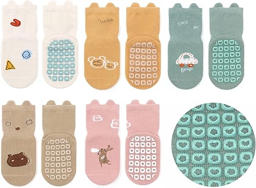 Calcetines antideslizantes para bebés con agarres, bonitos calcetines antideslizantes para niños pequeños y niños, 5 pares