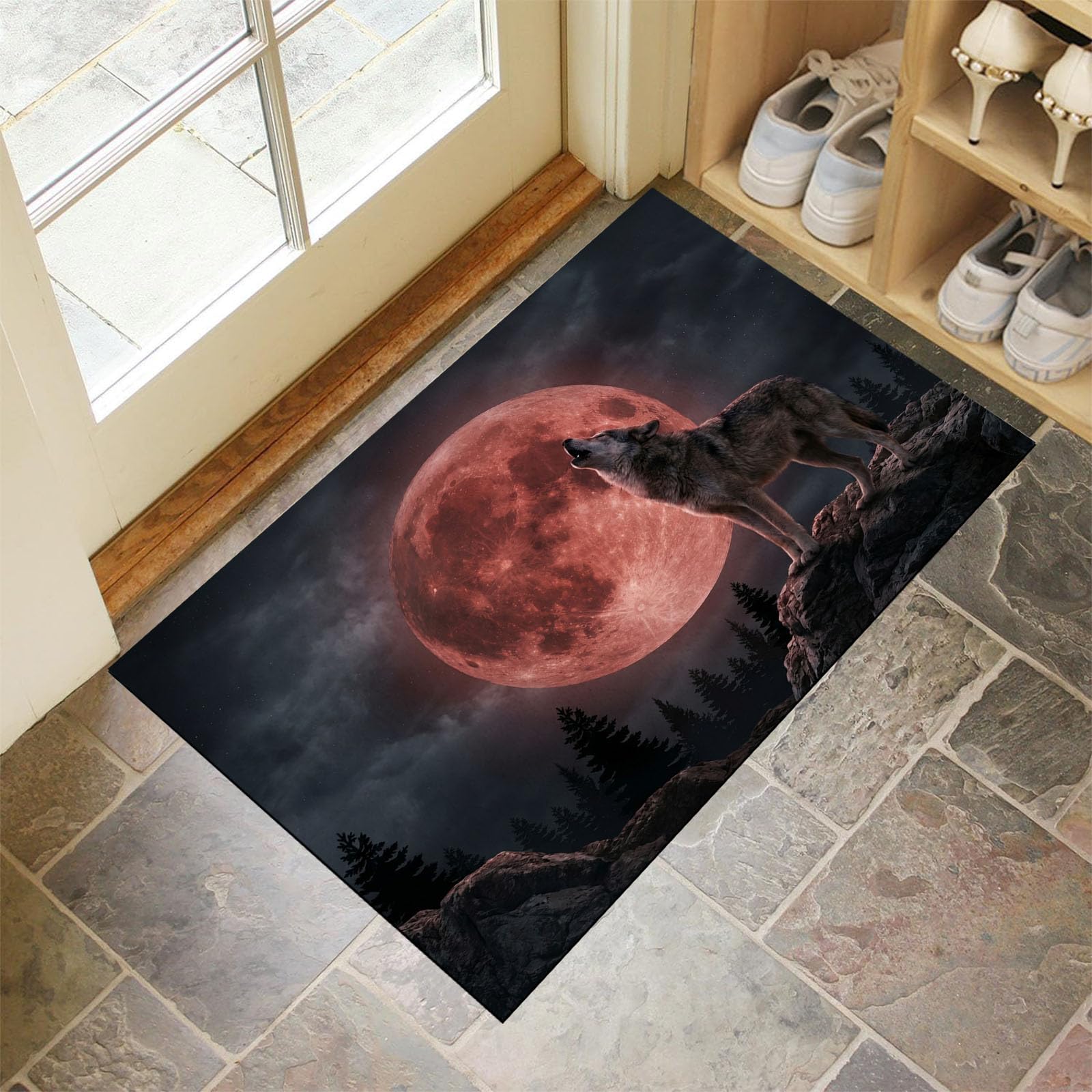 Zerbino Ingresso Interno Cielo Notturno Gotico Luna Sangue, Zerbino Di Benvenuto Lavabile Morbida Lupo Selvatico Animale, Antiscivolo Tappeto Da Decorazioni Antracite Per Casa Porta, 60X90Cm