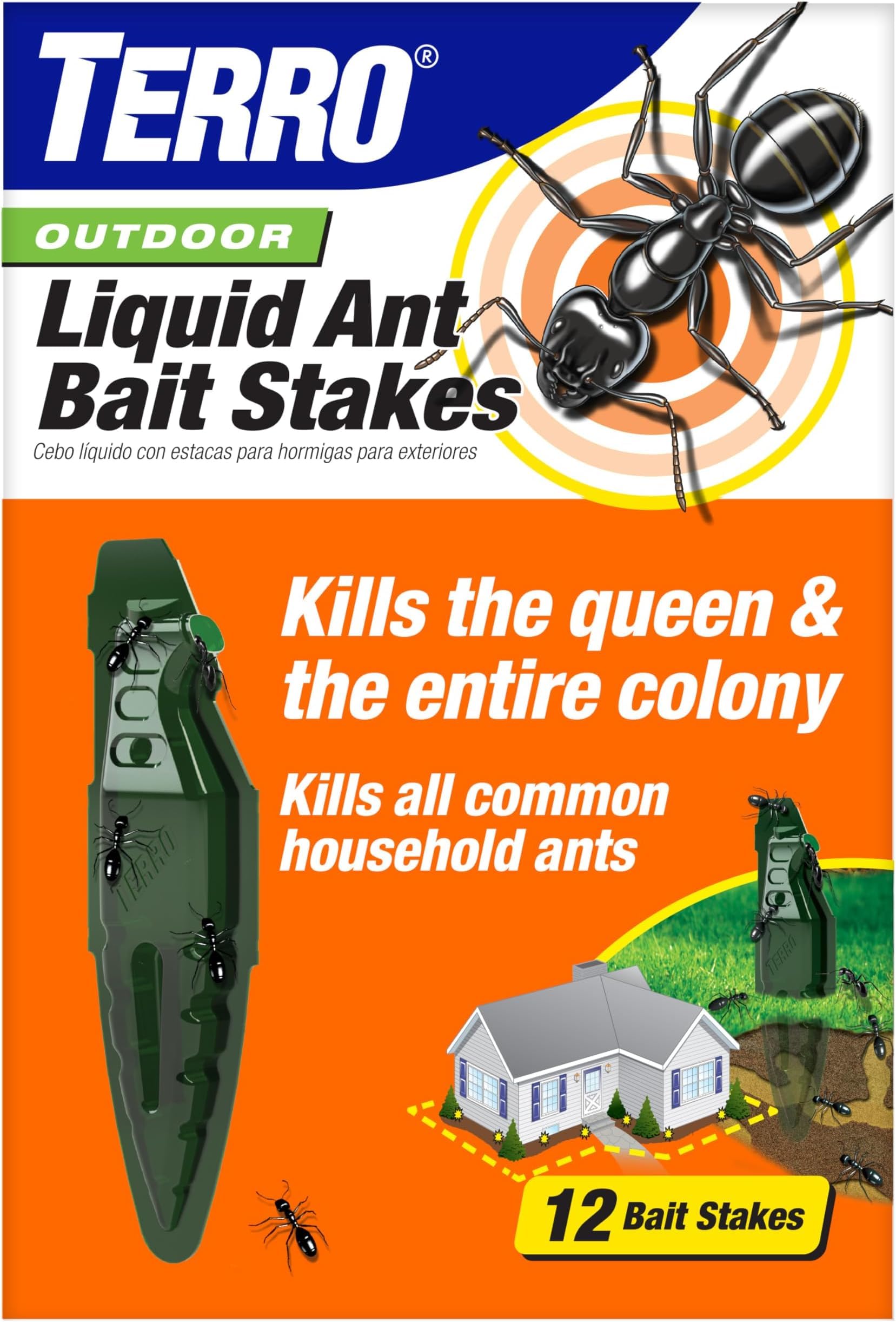 TERRO Outdoor Liquid Ant Bait Stakes - Ready-to-Use Ant Killer Traps for Household Ants Including Acrobat, Crazy, Ghost and Little Black Ants, Weatherproof, T1813B, 12 Count (Pack of 12)