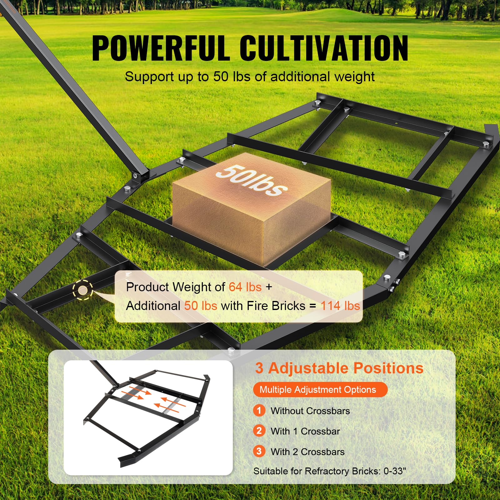VEVOR Herse Traînée Niveleur d'Allée 2200 mm Niveleuse de Terre Agricole en Acier Q235 avec Barre Réglable Capacité de Charge 22,5 kg Outil de Nivellement pour VTT, UTV, Tracteur de Pelouse de Jardin