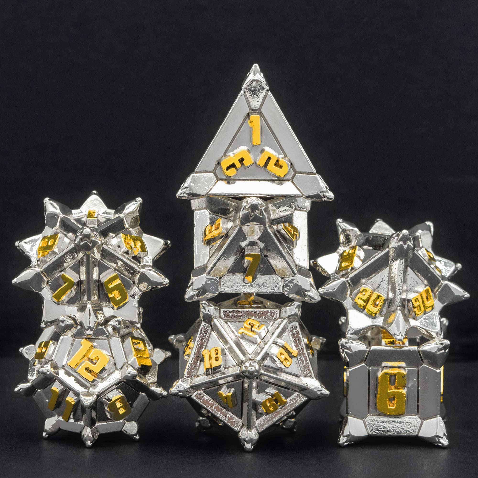 Cusdie Metal Dice Set, 7 Pcs DND Metal Dice, Pinwheel Design Polyhedral Dice Set, for Role Playing Game D&D Dice MTG Pathfinder(Silver Golden)