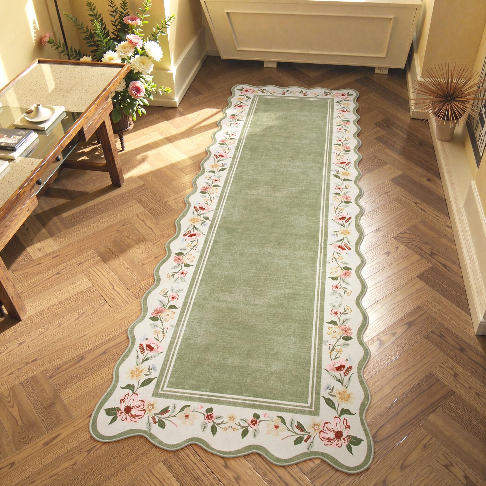 Lahome Floral 2'x 6' Washable Kitchen Runner Rug, Green Rug Runners for Hallways Non Slip, Scalloped Runner Rug Ultra-Thin Stain Resistant Boho Carpet for Entryway Bathroom Bedroom（Green，2x6