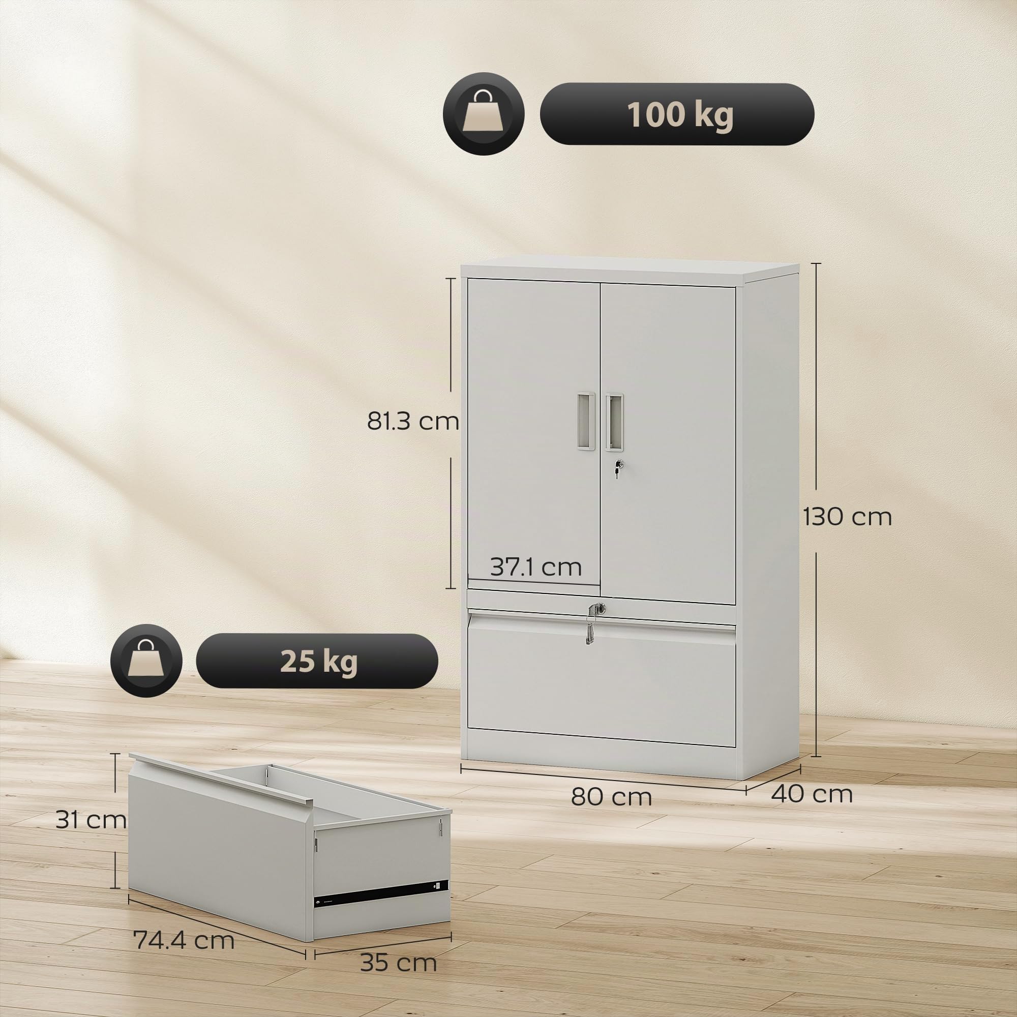 HOMCOM Armadio Portadocumenti 2 Ante in Acciaio con Serratura Bianco | Schedario da Ufficio, Ripiani Regolabili, Cassetto per Formato Lettera/Legale/A4, Mobiletto Multiuso per Studio