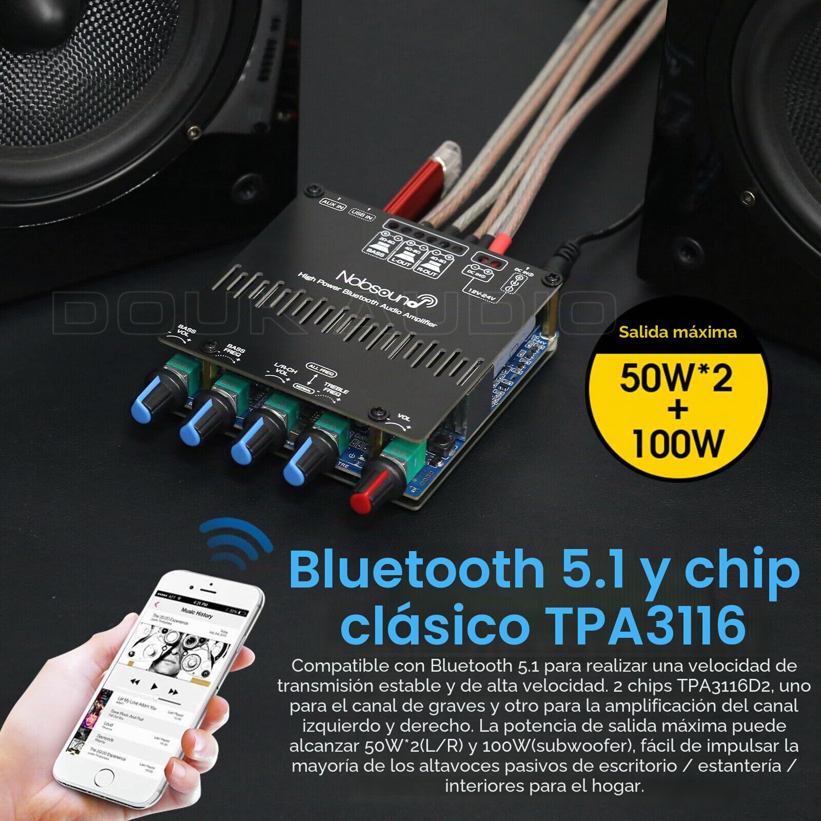Nobsound HiFi 2.1 - Amplificador de potencia clase D con canales Bluetooth 5.0