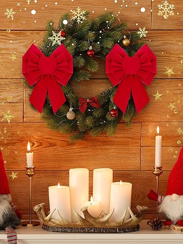 Miniatura 6 de 6 lazos de corona rojos de Navidad, 7.9 x 10.2 pulgadas, lazos rojos de terciopelo, atados a mano, fáciles de colgar para adornos de árbol de