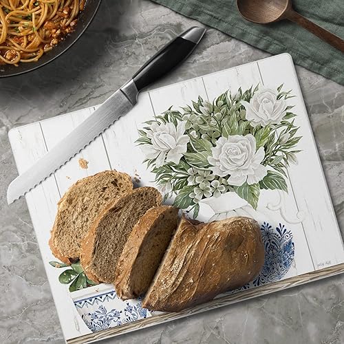 Miniatura 6 de CounterArt Pottery In Blue & White - Tabla de cortar de vidrio templado resistente al calor decorativa de 0.3 pulgadas x 0.3 pulgadas fabricada en