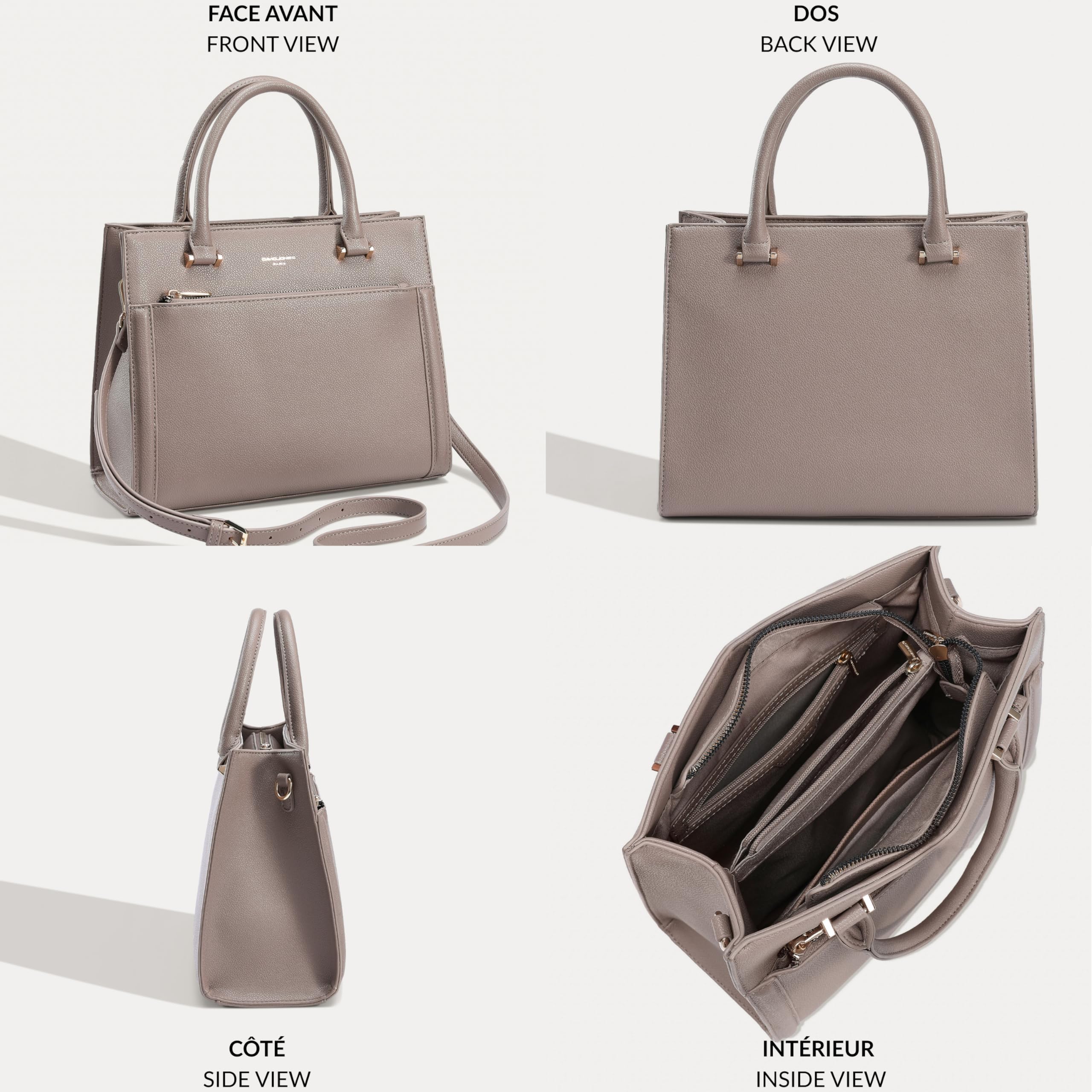 David Jones Paris - Bolso de mano para mujer y ciudad, tamaño mediano, piel sintética, doble compartimento y bolsillos de plumero – Chic Clásico elegante práctico