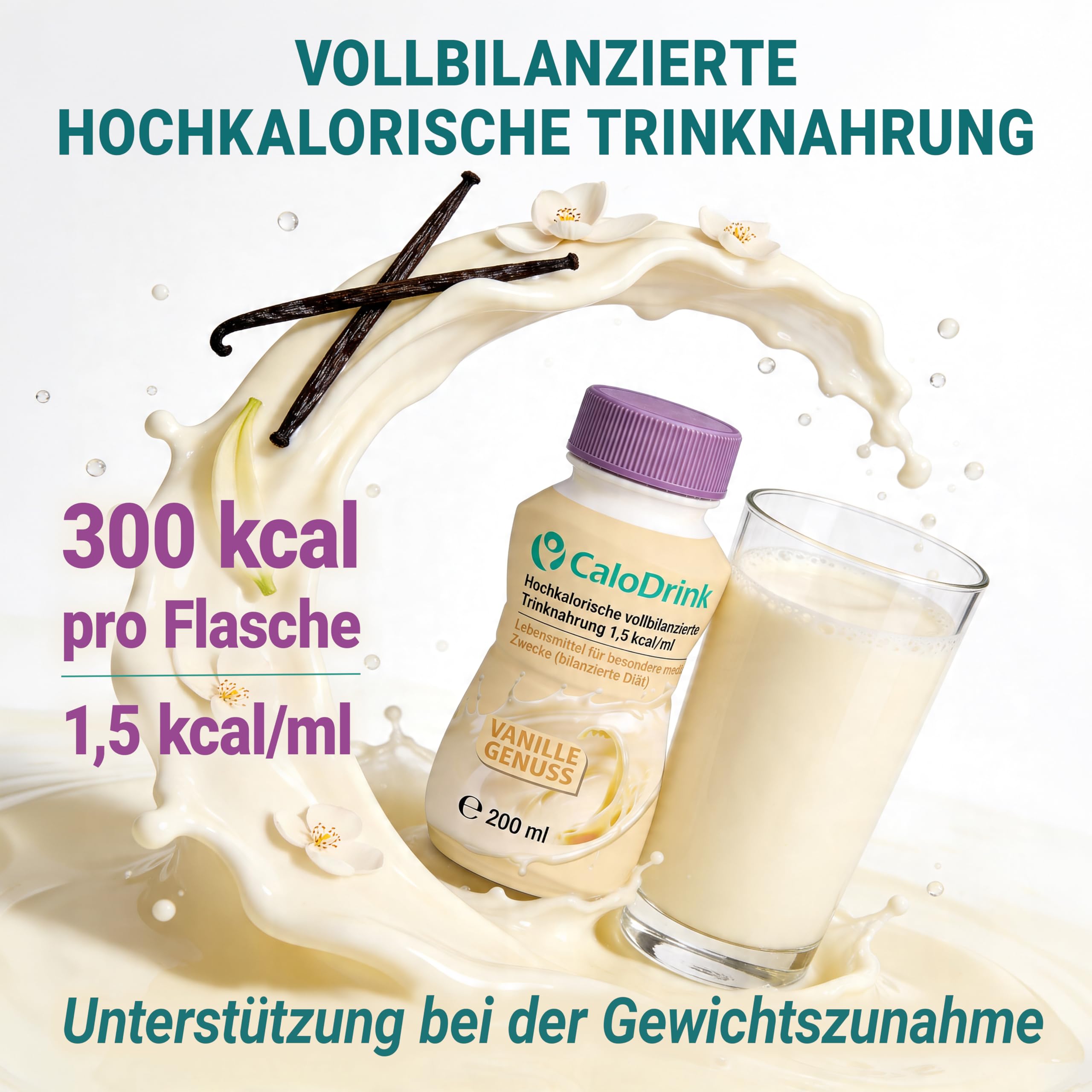 𝗖𝗮𝗹𝗼𝗗𝗿𝗶𝗻𝗸 Vanille 24x200 ml vollständig bilanzierte hochkalorische Trinknahrung | Astronautennahrung & Trinkmahlzeit zum Zunehmen | Aufbaukost & Aufbaunahrung | 300 kcal pro Flasche