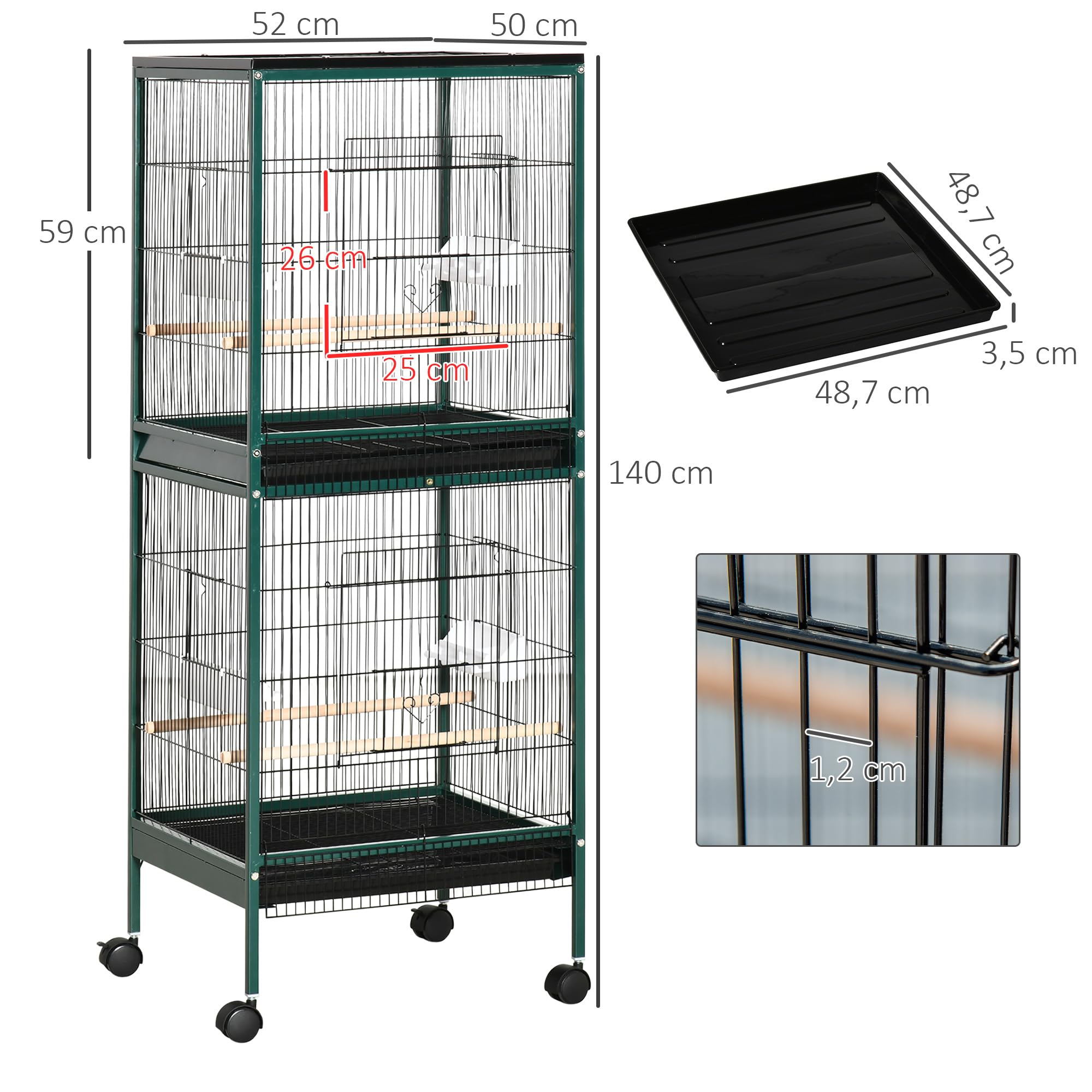 PawHut Großer Vogelkäfig auf Fuß – Doppelvoliere mit Futterstangen, Sitzstangen, herausnehmbares Tablett – Rollen – 51,5 x 50 x 140 cm grün schwarz