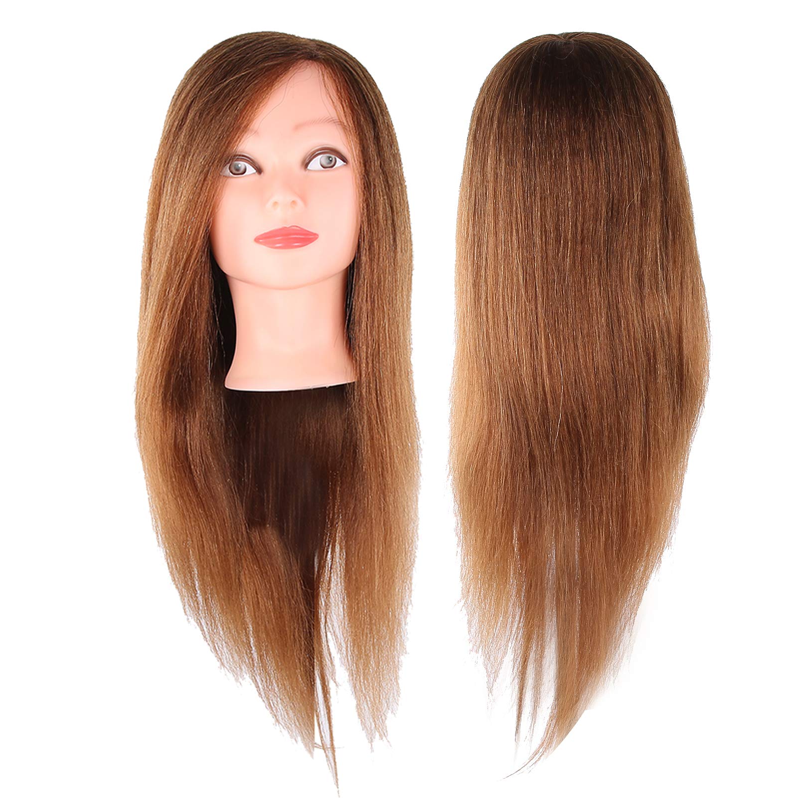 Brrnoo Testa di Manichino con 70% Capelli Veri 30% Fibra 23,6-25,6 Pollici per Allenamento Al Taglio dei Capelli, Pratica di Tessitura (BROWN)