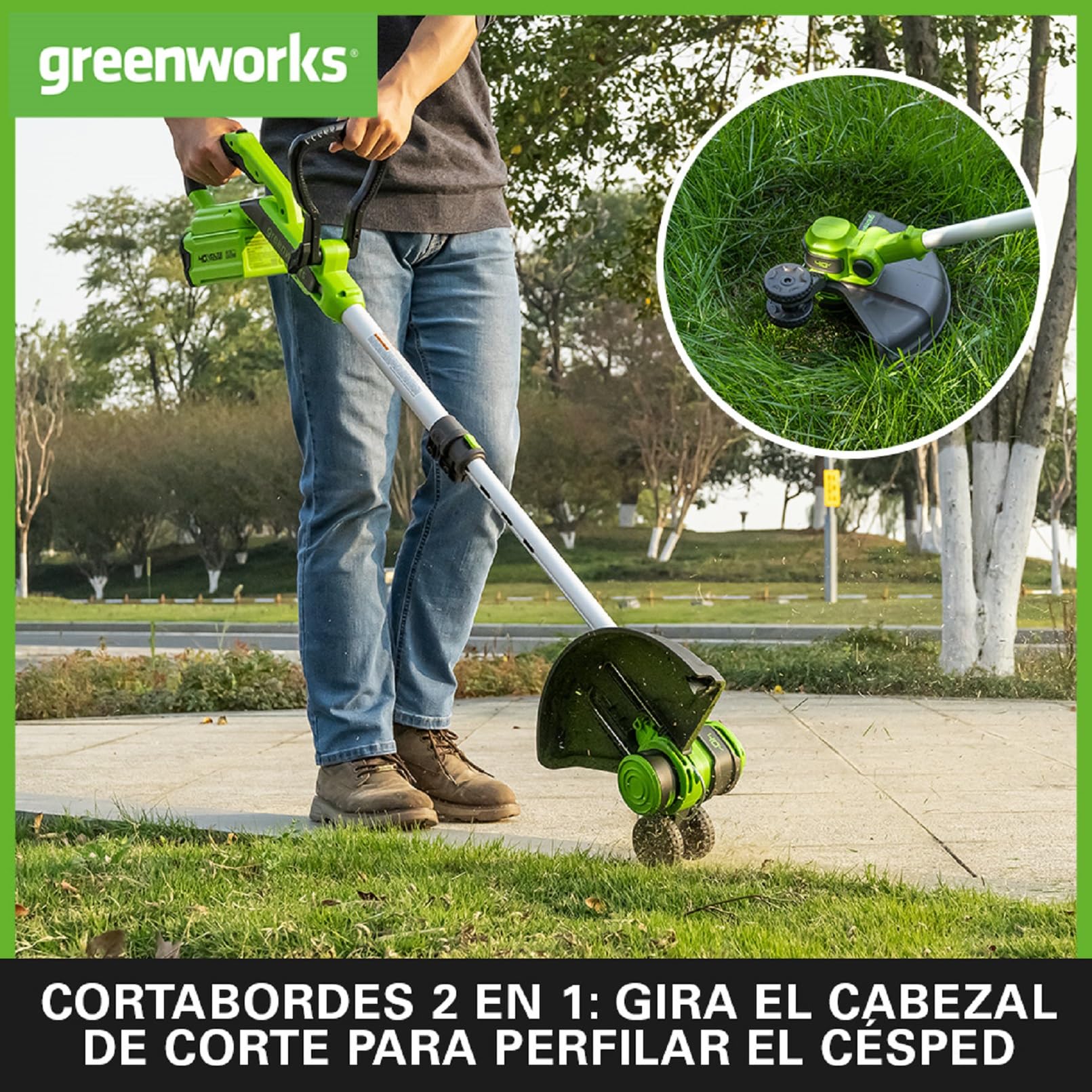 Greenworks 40V Cortabordes a Batería con Rueda para Jardines Pequeños y Medianos, 33 cm Ancho de Corte, Alimentación Automática Hilo Nylon 1,65 mm, SIN Batería ni Cargador(40 V) G40LT33