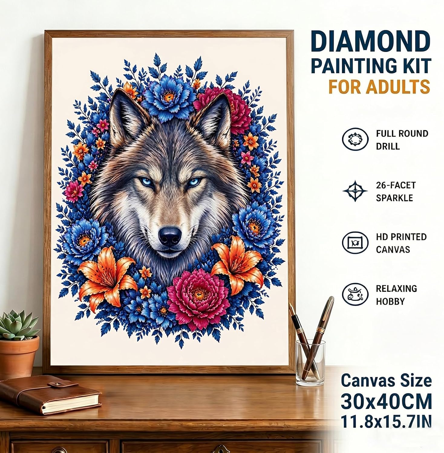 Wolf Diamond Art Kits for Adults ,5D Full Round Drill Floral Animal Gem Art image 3
