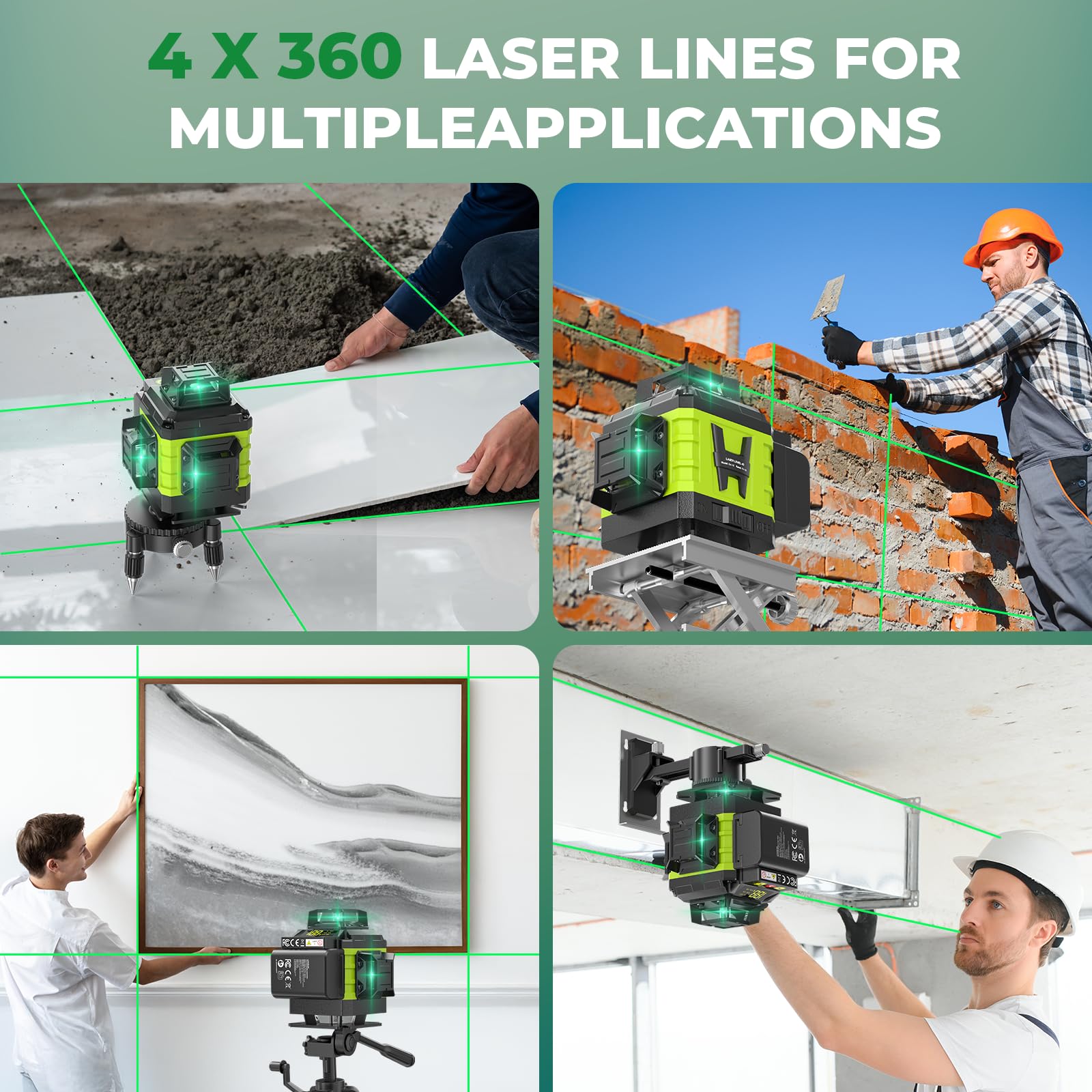 16-Line 4D Green Laser Level 360° Self-Leveling – 4x360° Coverage, 2 Batteries, Remote, Adjustable Brightness, IP54