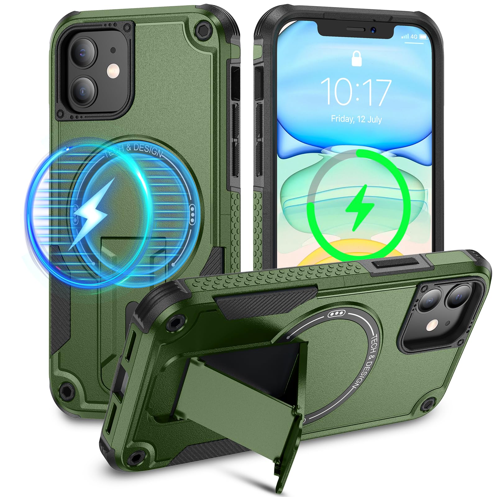 Caka for iPhone 11 Case, iPhone 11 Phone Case [Compatible with Magsafe] [Built-in Invisible Stand] [Military Grade Drop Protection] Heavy Duty Rugged Protective Cover Accessories Green