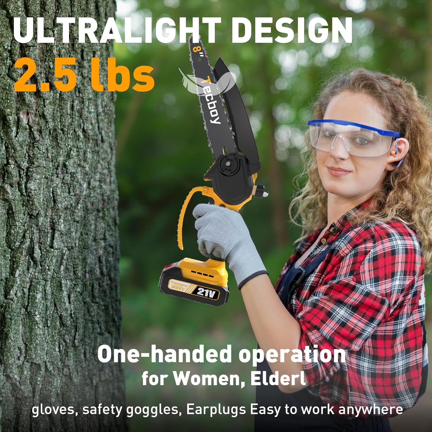 8 Inch Mini Electric Chainsaw Cordless, 6 Inch Portable Chain Saw for Makita 18V Battery Powered Saws Small HandHeld Saw with 2 Batteries Yard Tool Tree Trimming Wood Cutting Gifts Men Dad(GoldYellow)