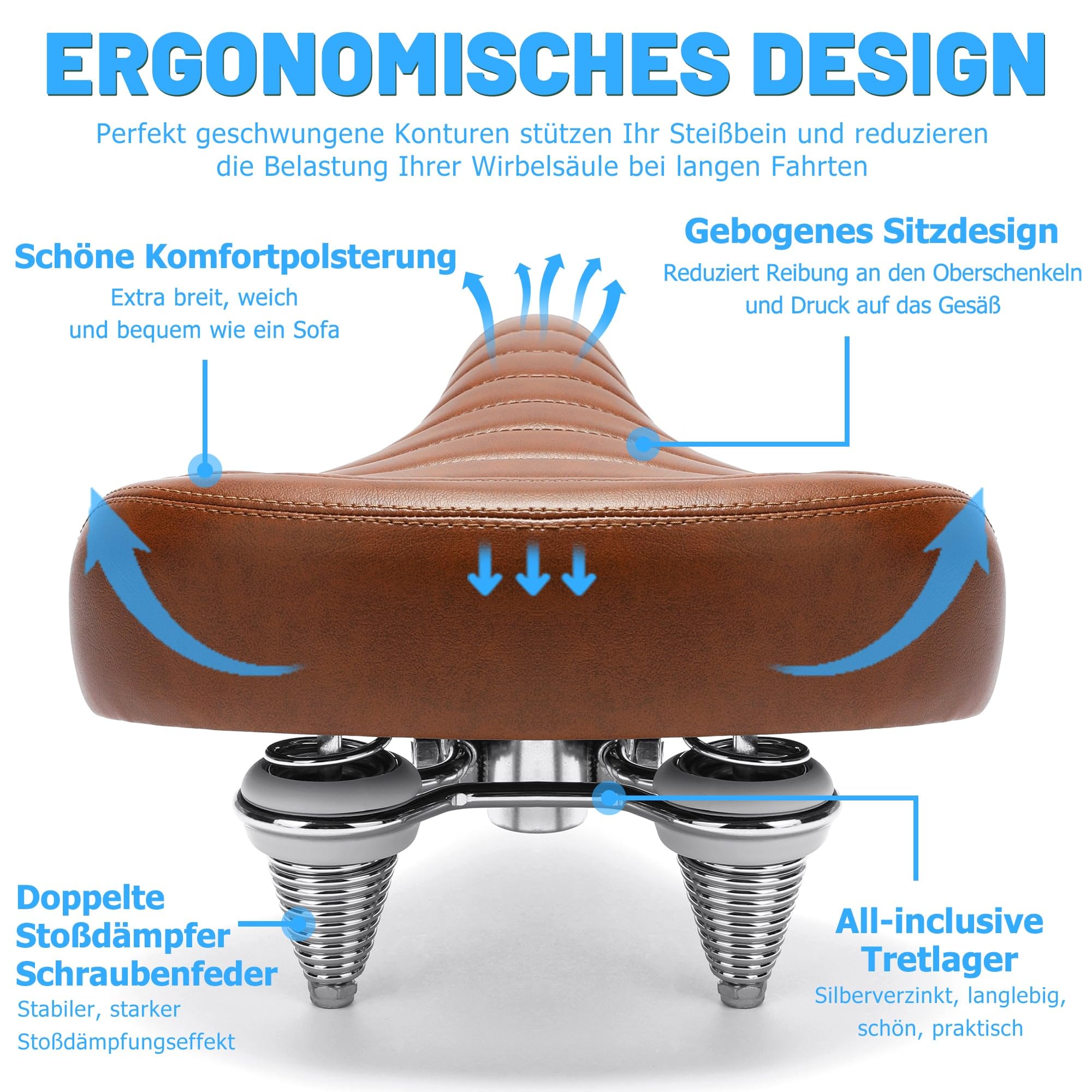 CDYWD Groß Bequemer Fahrradsattel für Herren & Damen, Breit, Weich, Ergonomisch, Bequem Retro Fahrradsitz mit federung, Universal Ersatz Fahrrad Sattel für Cityrad, Mountainbike, Ebike, Heimtrainer