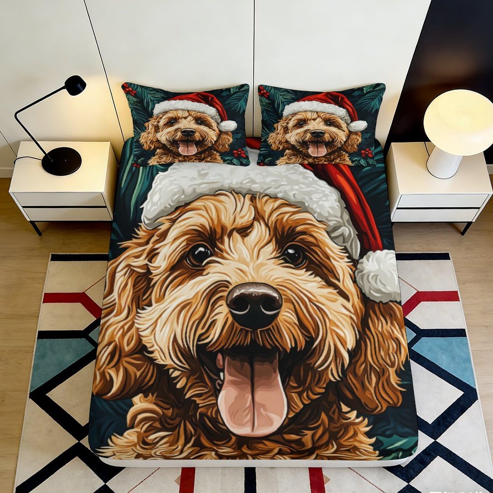 3D Printed Brown Santa Dog Fitted Sheet Microfiber Soft Christmas Puppy Bed Cover for Bedroom Dorm Easy Care 90x200x25cm