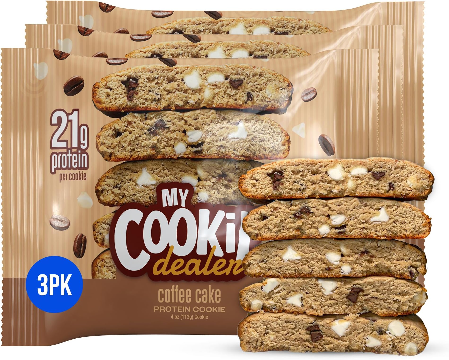 My Cookie Dealer Protein Cookies, Coffee Cake (4oz, Pack of 3) - 21g Protein per Cookie - Individually Wrapped Workout Snacks for On-The-Go Travel