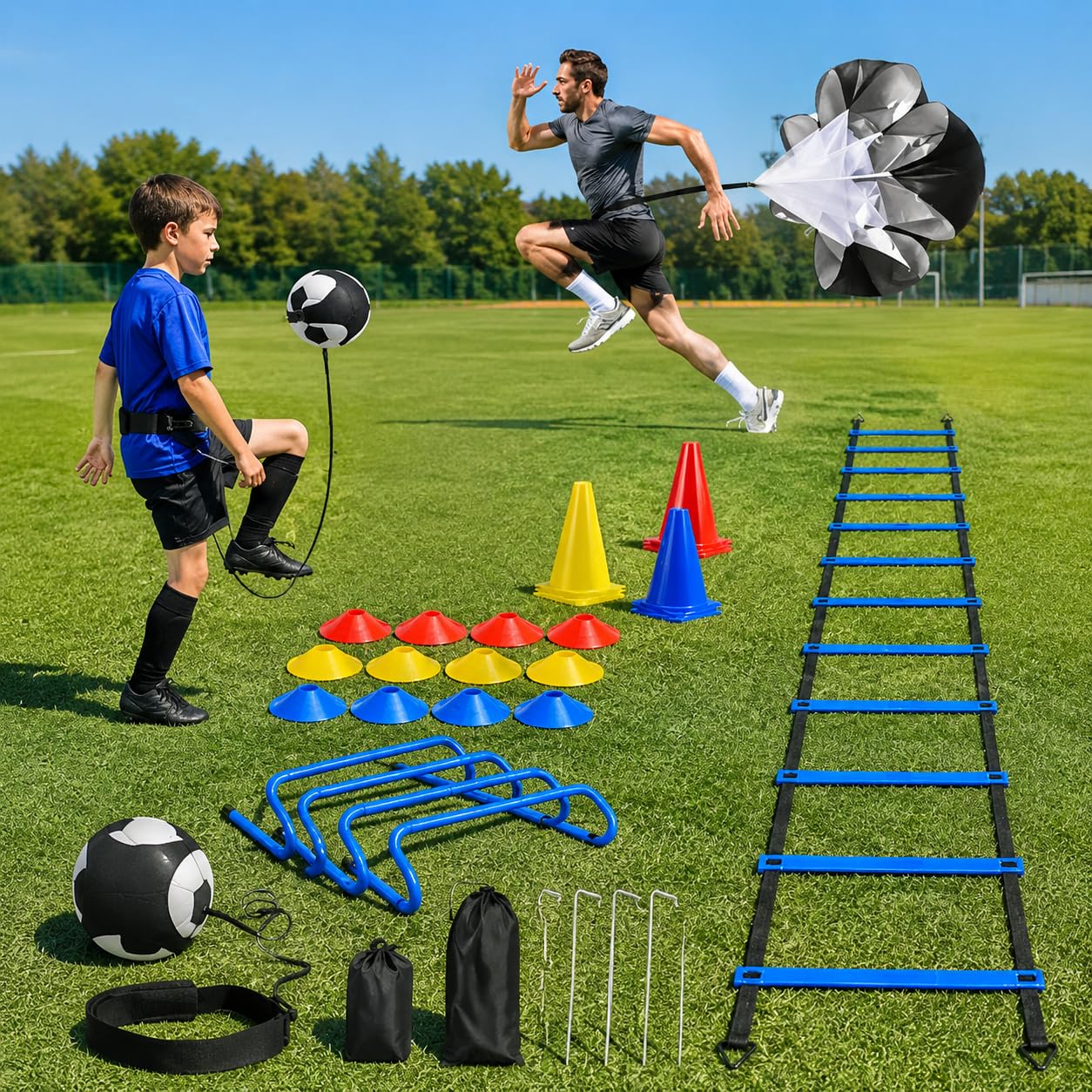 Fussball Trainingszubehör Agility Set, Koordinationsleiter 6m mit 42.5cm Sprossen, 12 Hütchen 16cm Scheiben, mit Tasche für Fußballspieler, Agility-Leiter-Set 4