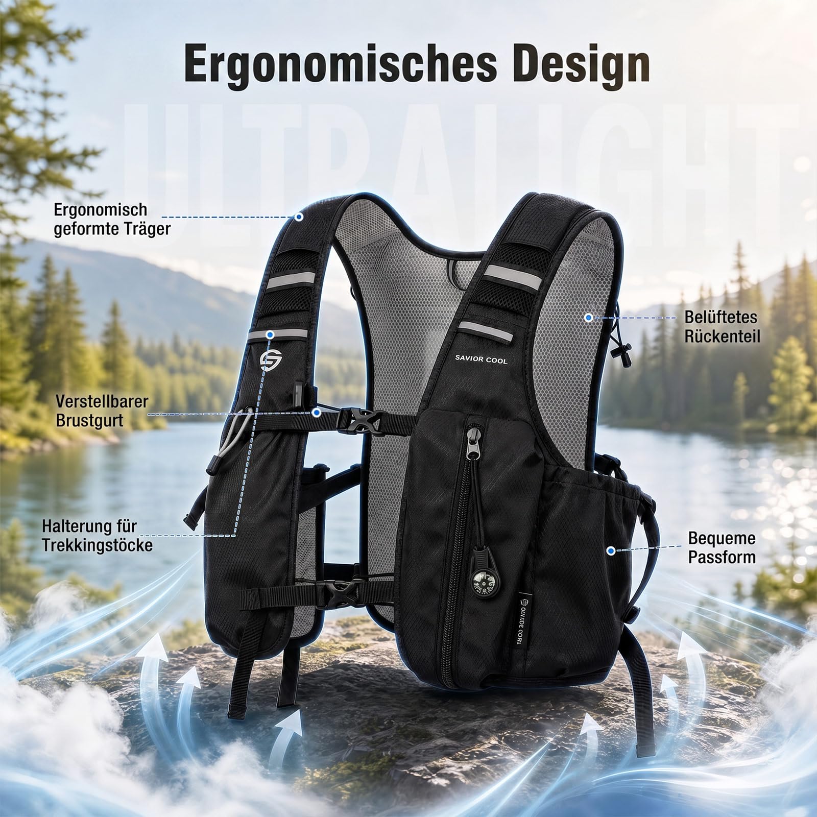 Kühlende Laufweste mit Trinkblase 2L, 10L Trinkrucksack, 3 Kühlpacks, 180 Min Kühlsystem, Reflektierend, für Damen und Herren | 2 l Wasserblase, 3 Kältequellen