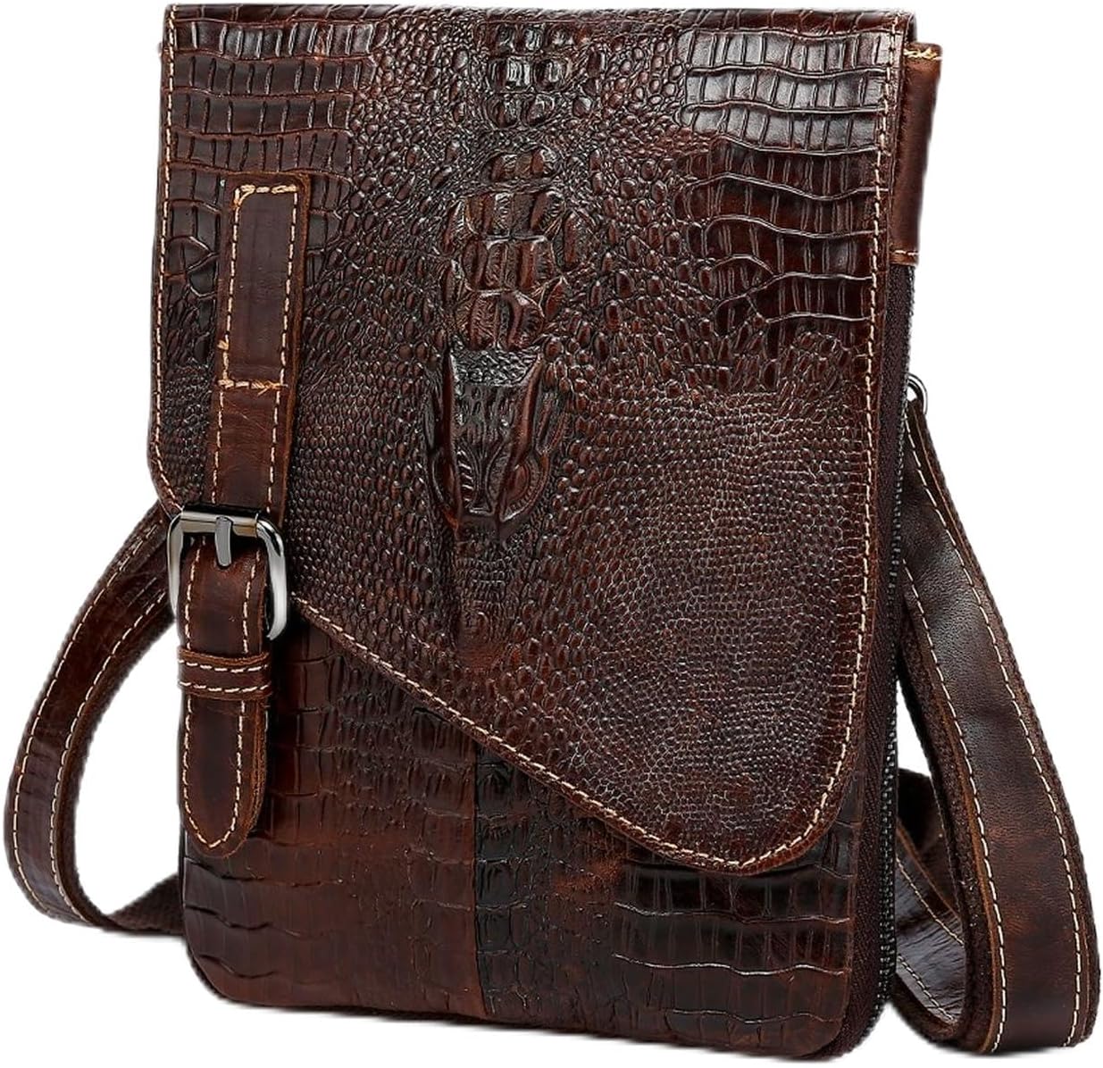 NIUCUNZH Genuine Leather Mini Messenger Bag Crocodile Embossed Small Crossbody Bag Shoulder Sling Bag