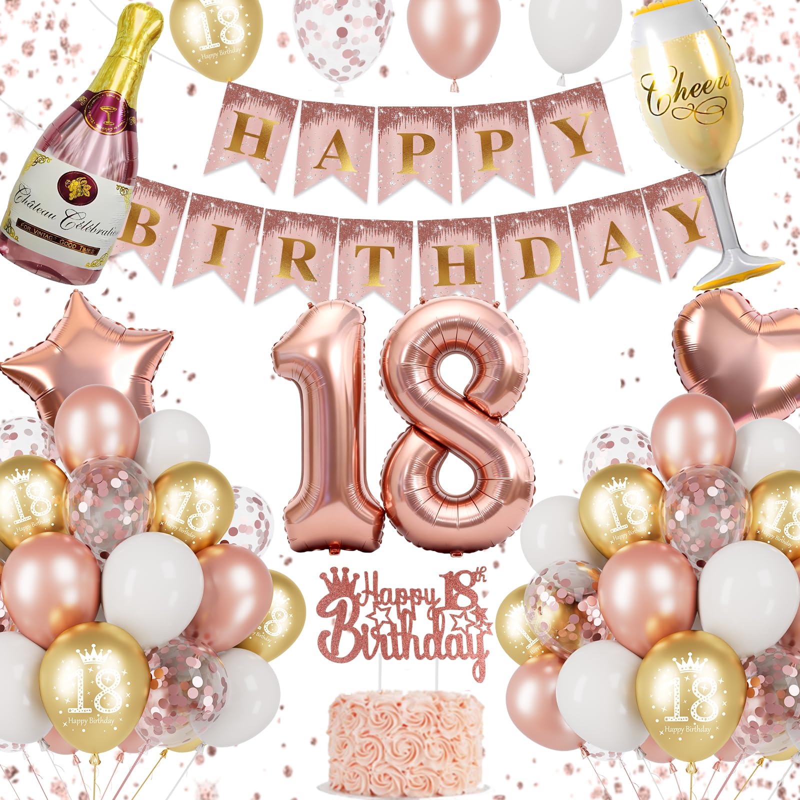 18th Birthday Decorations, Rose Gold 18th Birthday Decorations for Girls, Happy Birthday Banner, 18th Birthday Balloons, Cake Topper, Champagne Bottle, Wine Glass Foil Balloons, 18th Party Supplies