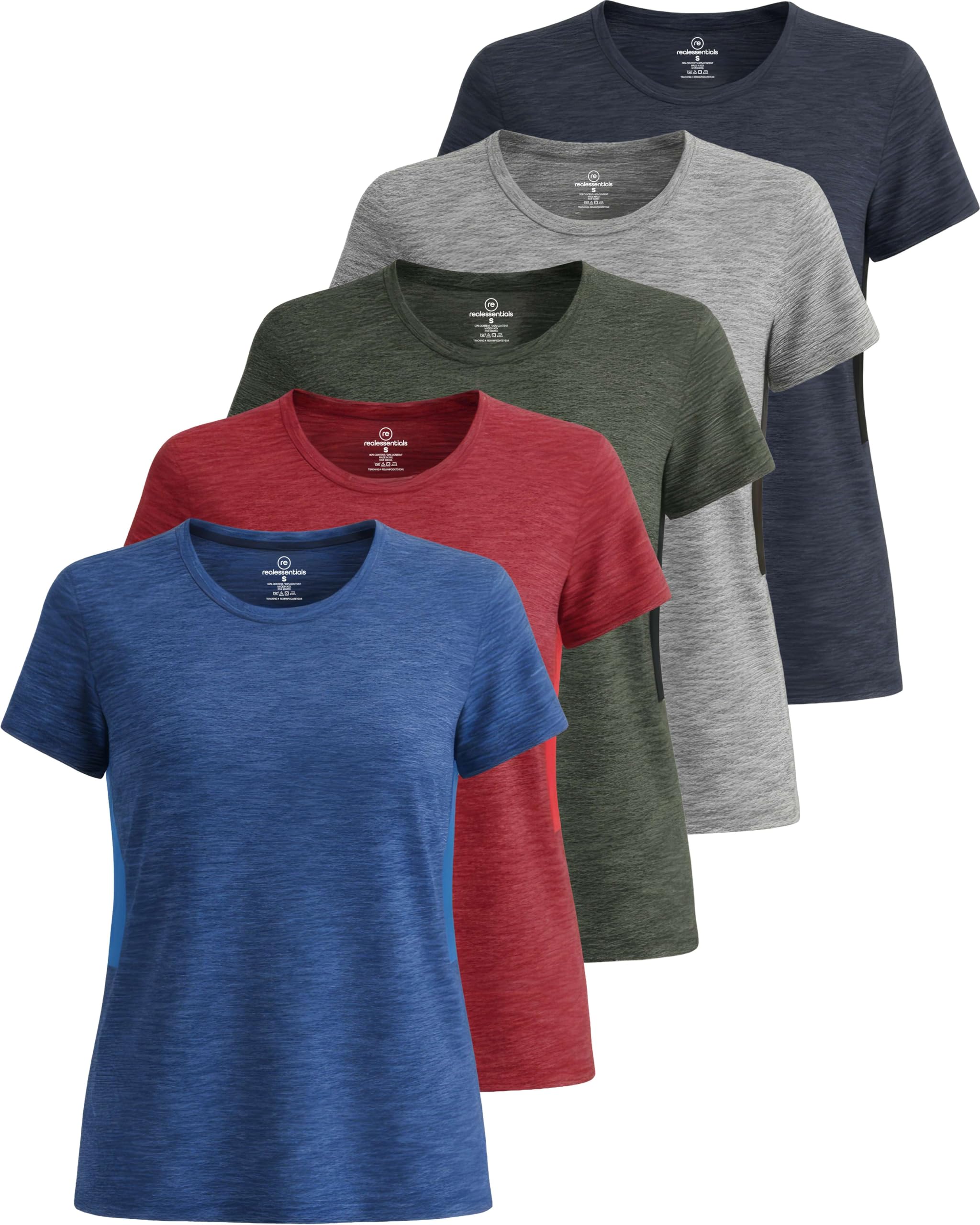Real Essentials 5 Pack: Women's Short Sleeve T-Shirts Workout Tops Fitness Pilates Gym Activewear Athletic (Plus Available)