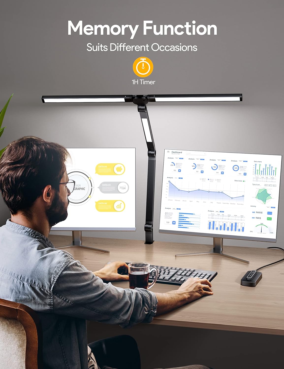 MediAcous LED Desk Lamp with Clamp, 20W 3 Lights Desk Light for Home Office, Flexible Swing Arm, Control Box, 4 Color Modes, 4 Brightness, Memory Function, Eye-Caring Clip on Lamp for Workbench