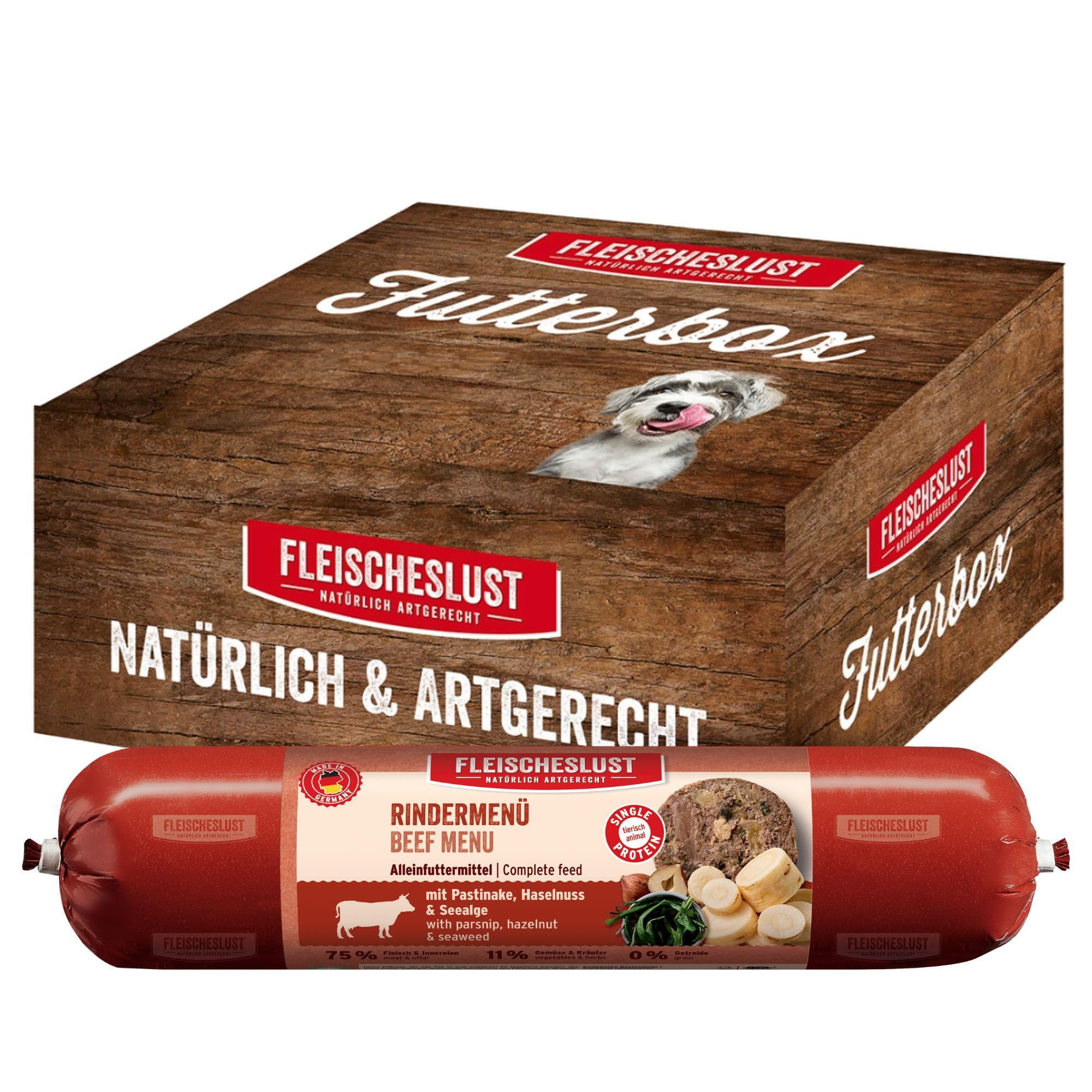 Fleischeslust Salchichas para perros, menú de carne con chirivía, avellana y algas marinas, caja de alimentos (6 x 800 g), comida húmeda, resistente a los cortes, sin cereales, pienso completo para