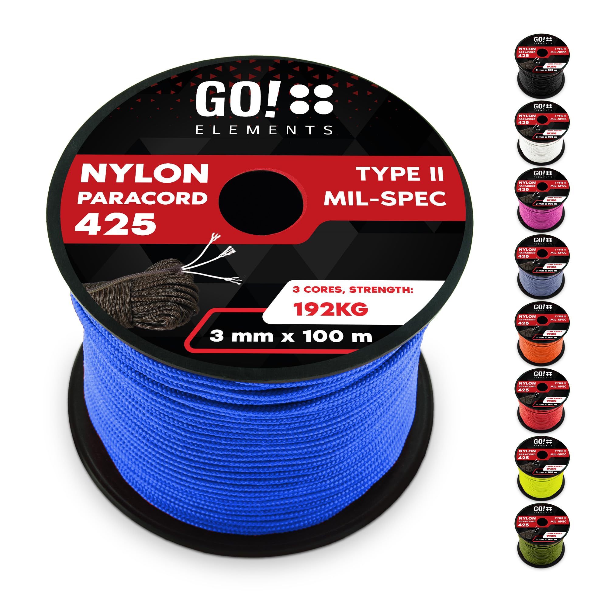 GO!elements Paracorde en Nylon indéchirable 3mm – Type II Paracord 425, Ligne Multifonction extérieure et de Survie, Charge Max. 192kg