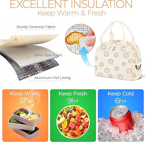 Miniatura 3 de Lonchera para mujer, lonchera sonriente, bonita lonchera aislada de pana con correa para el hombro para mujeres adultas, para el trabajo y picnic