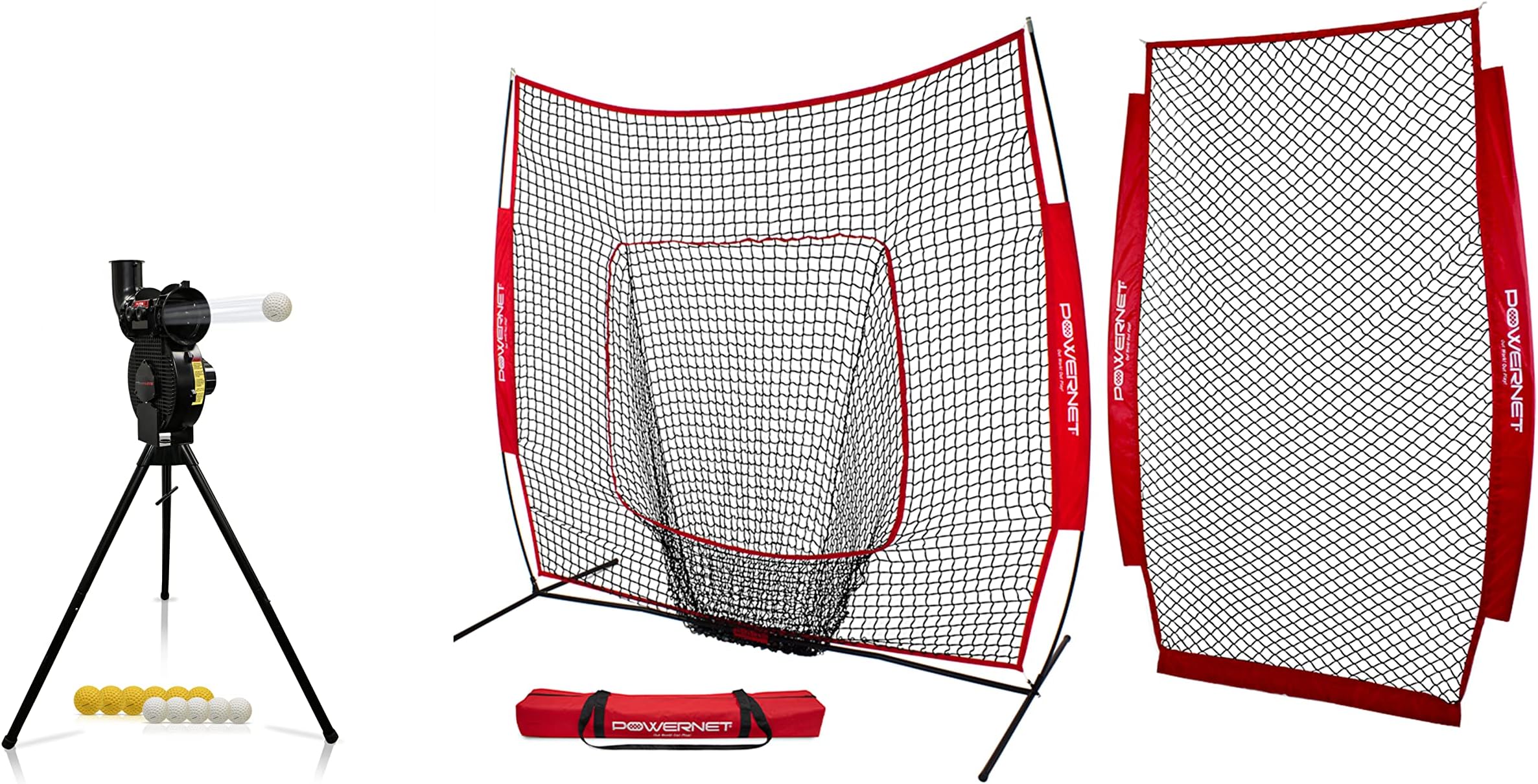 PowerNet Corbin Carroll Launch F-lite Baseball and Softball Pitching Machine, 7x7 Practice Hitting Net + I-Screen Bundle