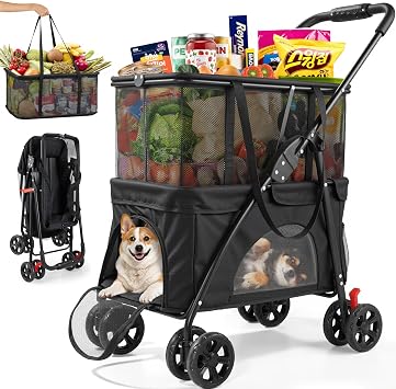 Upgraded Folding Shopping Cart & Pet Stroller 99 LB, 2-in-1 Personal Portable Shopping Cart with Removable Basket & Lower Dogs Stroller for Groceries, Laundry, Camping Pet Traveling