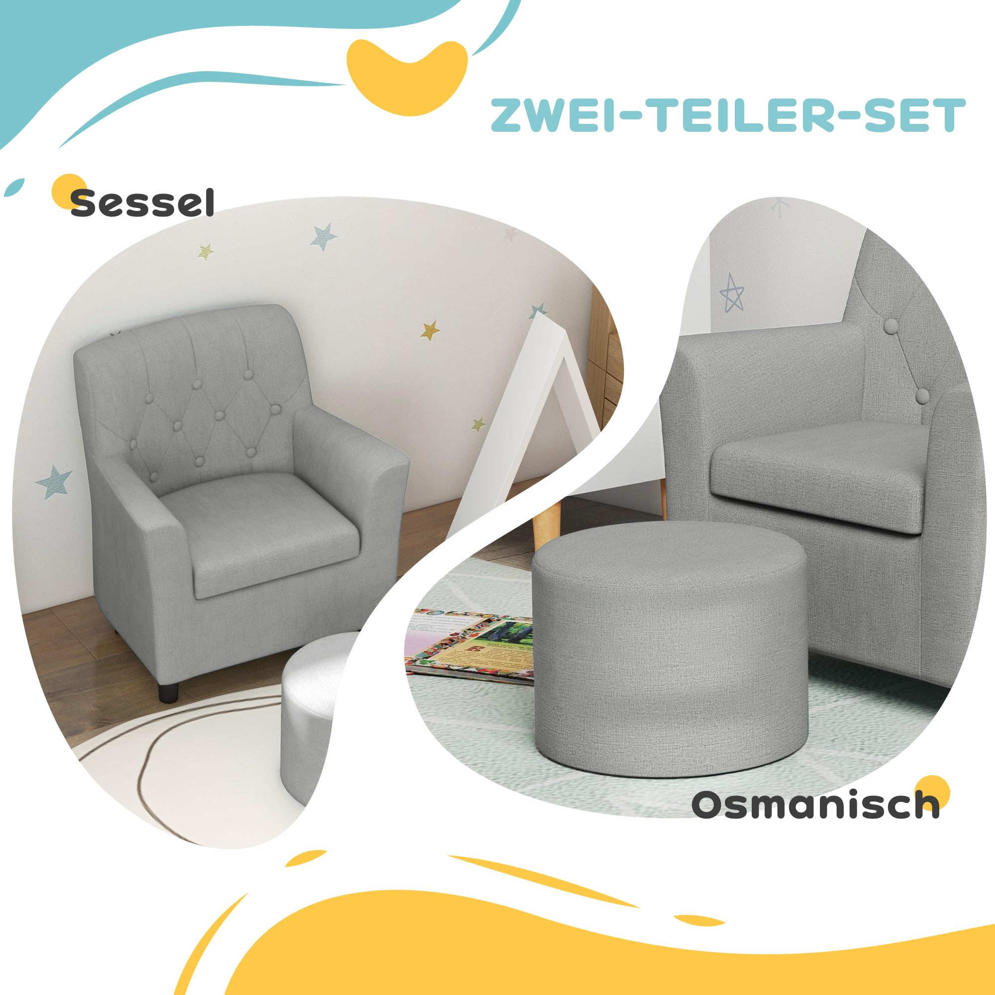 AIYAPLAY Kindersessel Kindersofa mit Fußhocker Kindercouch 1,5-3 Jahre Kindermöbel Kinderzimmer Leinentoptik Eukalyptusholz Grau 45 x 43 x 50,5 cm