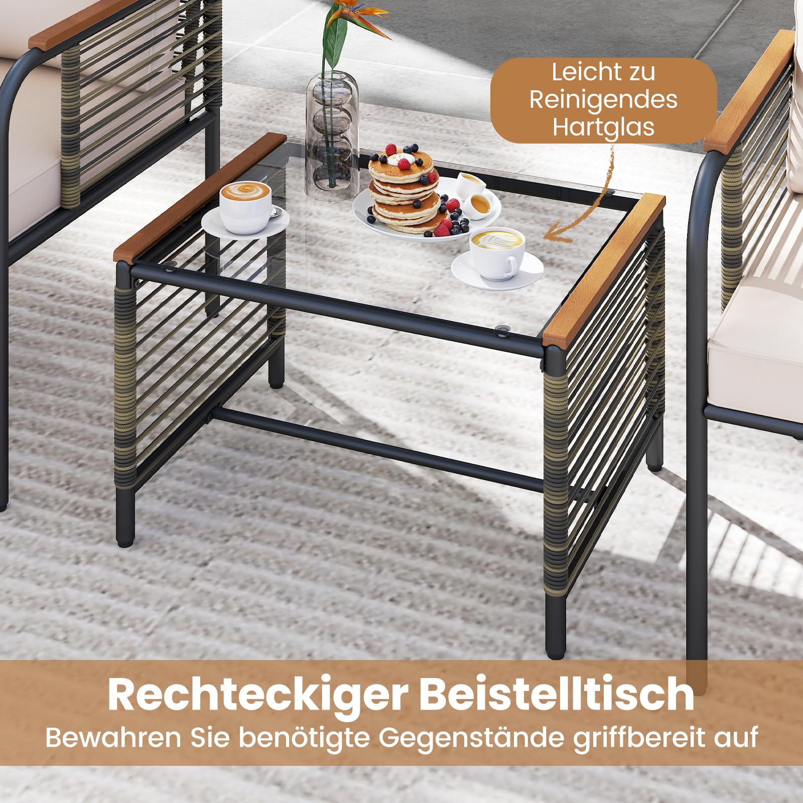 COSTWAY Rattan Gartenmöbel Set, Balkonmöbel, Balkonset inkl. 2 Stühle mit Kissen, Hocker & Tisch, Terrassenmöbel, Gartengarnitur, Sitzgruppe für Garten, Balkon, Terrasse (Beige)